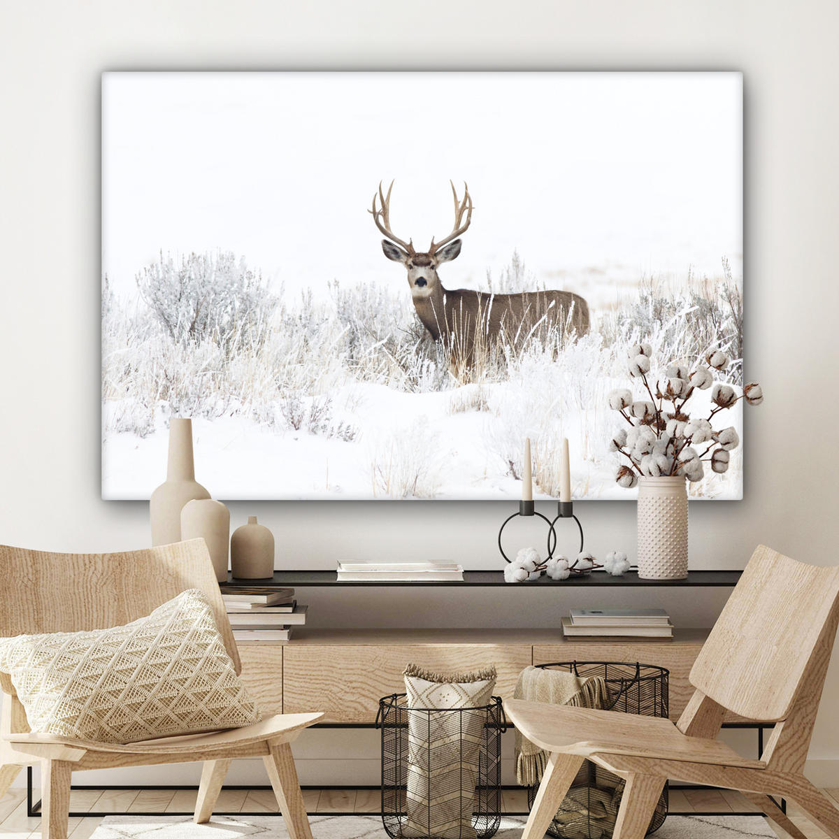 LEINWANDBILD Hirsche - Winter - Schnee - Tiere - Jahreszeiten - Weiß XXL 150x100 cm - Hellbraun, Textil (150/100cm) - MuchoWow