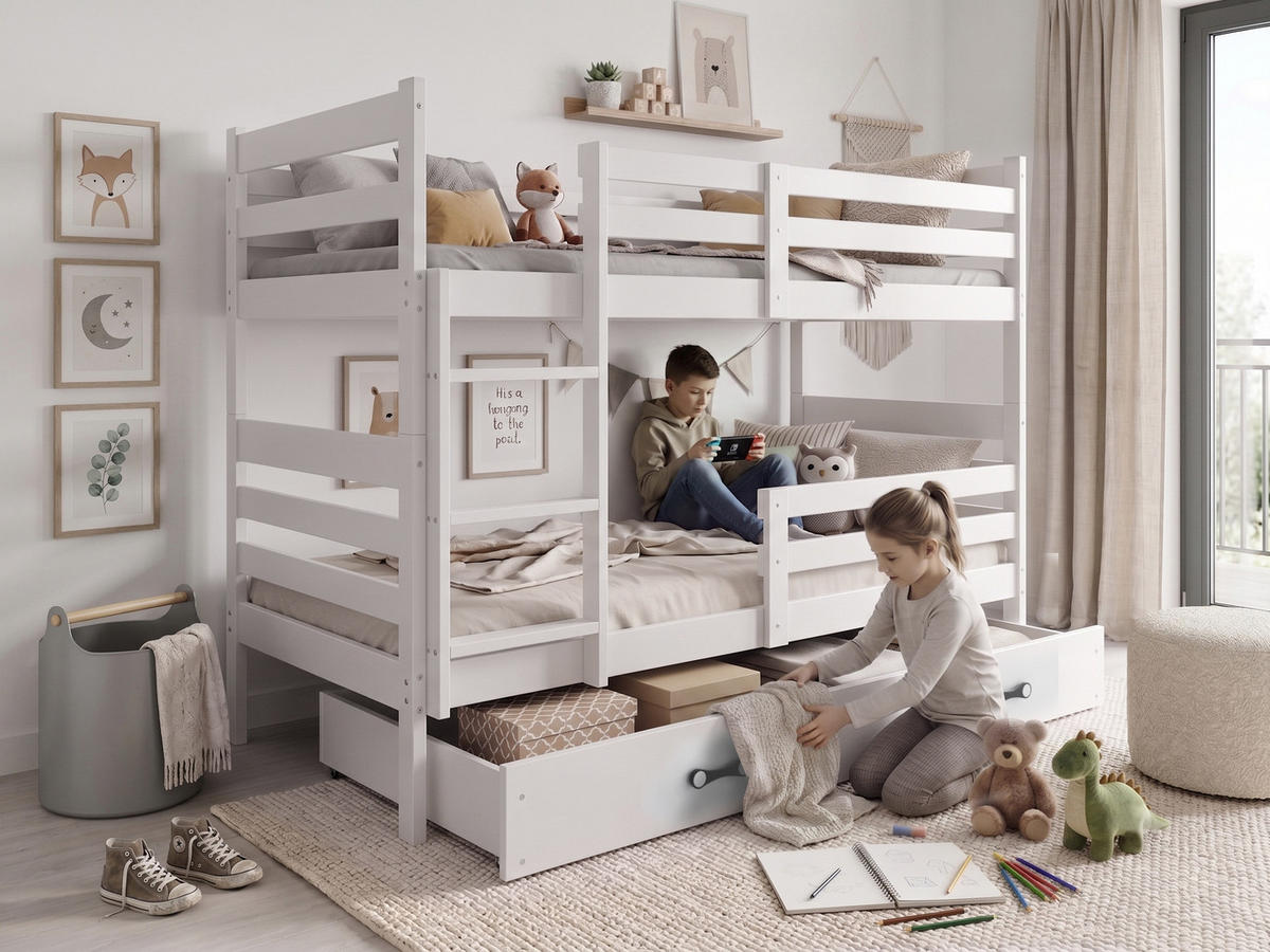 ETAGENBETT ERYK 90/190 cm, weiß, aus massivem Kiefernholz, mit Schublade, ohne Matratzen - Weiß, Holz - Interbeds
