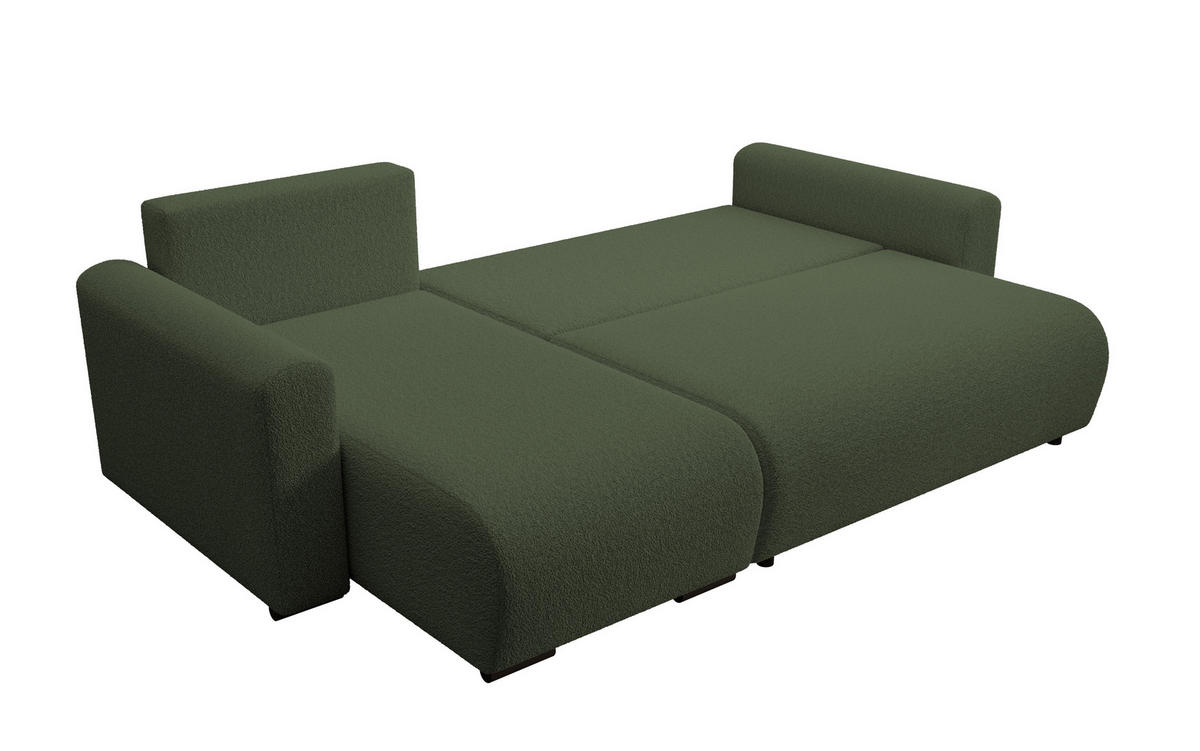ECKSOFA DORA L, Eckcouch in L-Form mit Schlaffunktion und Bettkasten, Farbe: Grün, Bouclé-Stoff, Ottomane Links - Grün, Textil (240/143cm) - Storez24