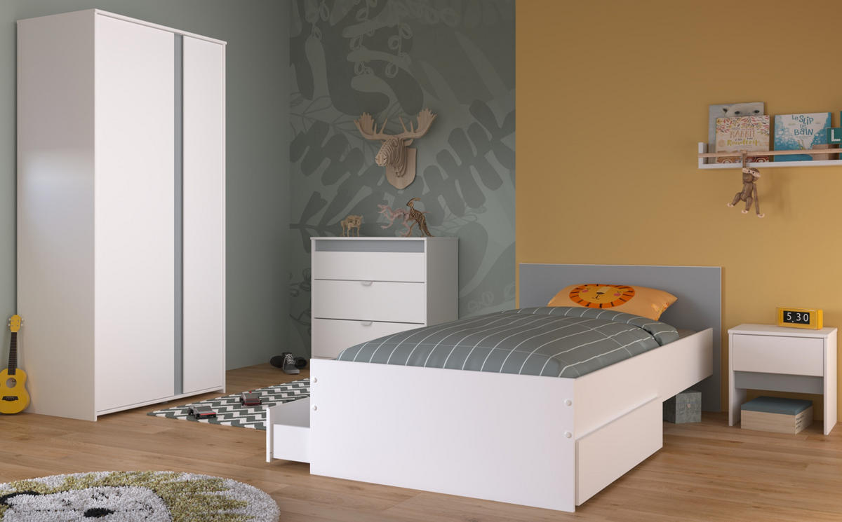 KINDERZIMMER Set 4-tlg. mit Kleiderschrank Kommode Nachttisch und Stauraumbett 90x200 - Weiß/Rosa, Holzwerkstoff/Kunststoff (100/182/203cm) - Parisot Meuble