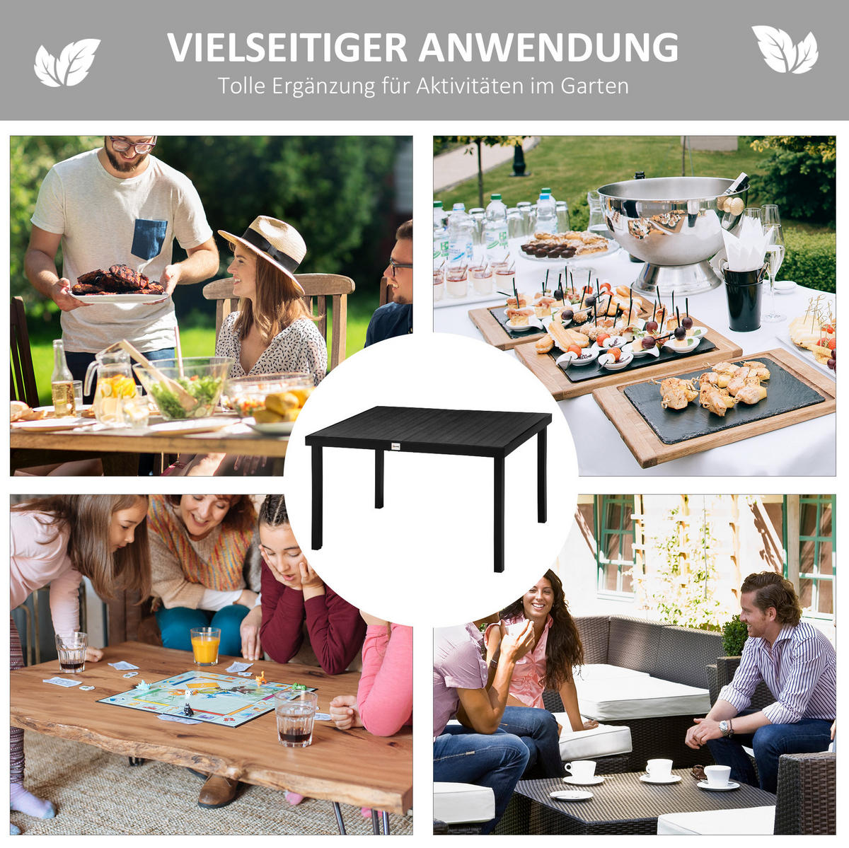 GARTENTISCH aus Aluminium 140x90x74 cm Schwarz mit Tischplatte in Holzoptik und verstellbaren Fußpolstern - Schwarz, Metall (140/90/74cm) - Modfu