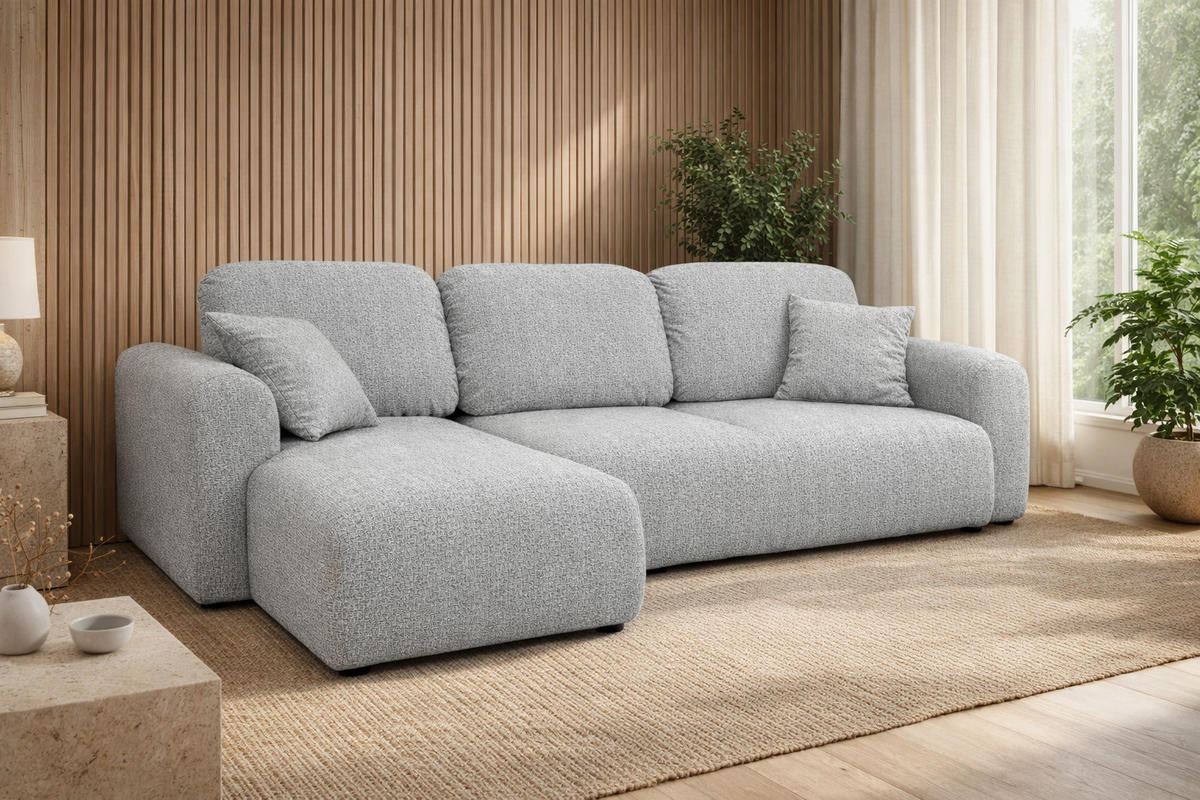 ECKSOFA Mit Schlaffunktion Und Bettkasten, Sofa L-Form Bingo L, Chenille-Stoff Artico, Cement, Links - Hellgrau, Holz (250/142cm) - Kaiser Möbel
