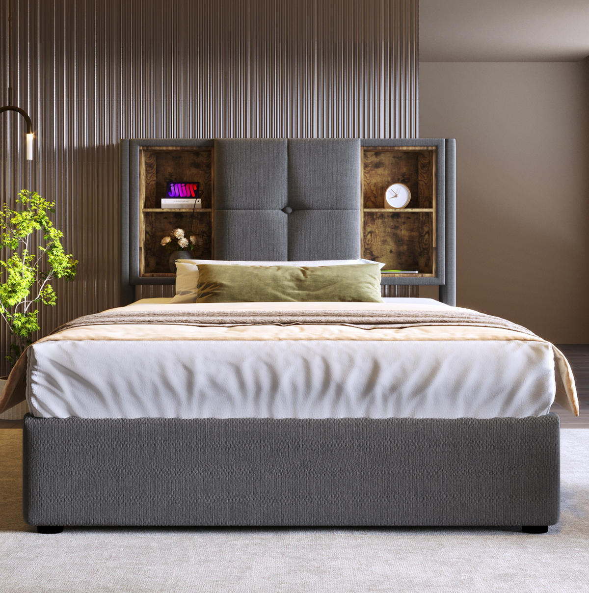 POLSTERBETT 90/200 cm Grau aus Baumwolle mit kabellosem Laden und Stauraum - Grau, Textil (90/200cm) - OKMYHOME