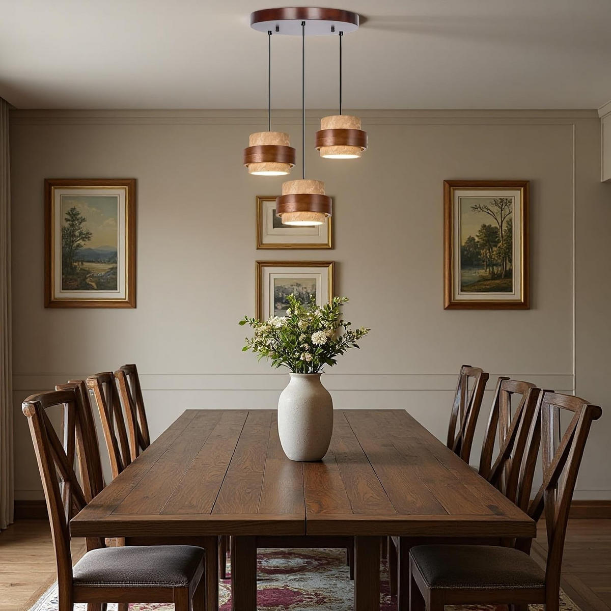 PENDELLEUCHTE Travertin Gelb & Holz, Japandi Rund - Gelb, Naturmaterialien (170/30/50cm) - Weltevree