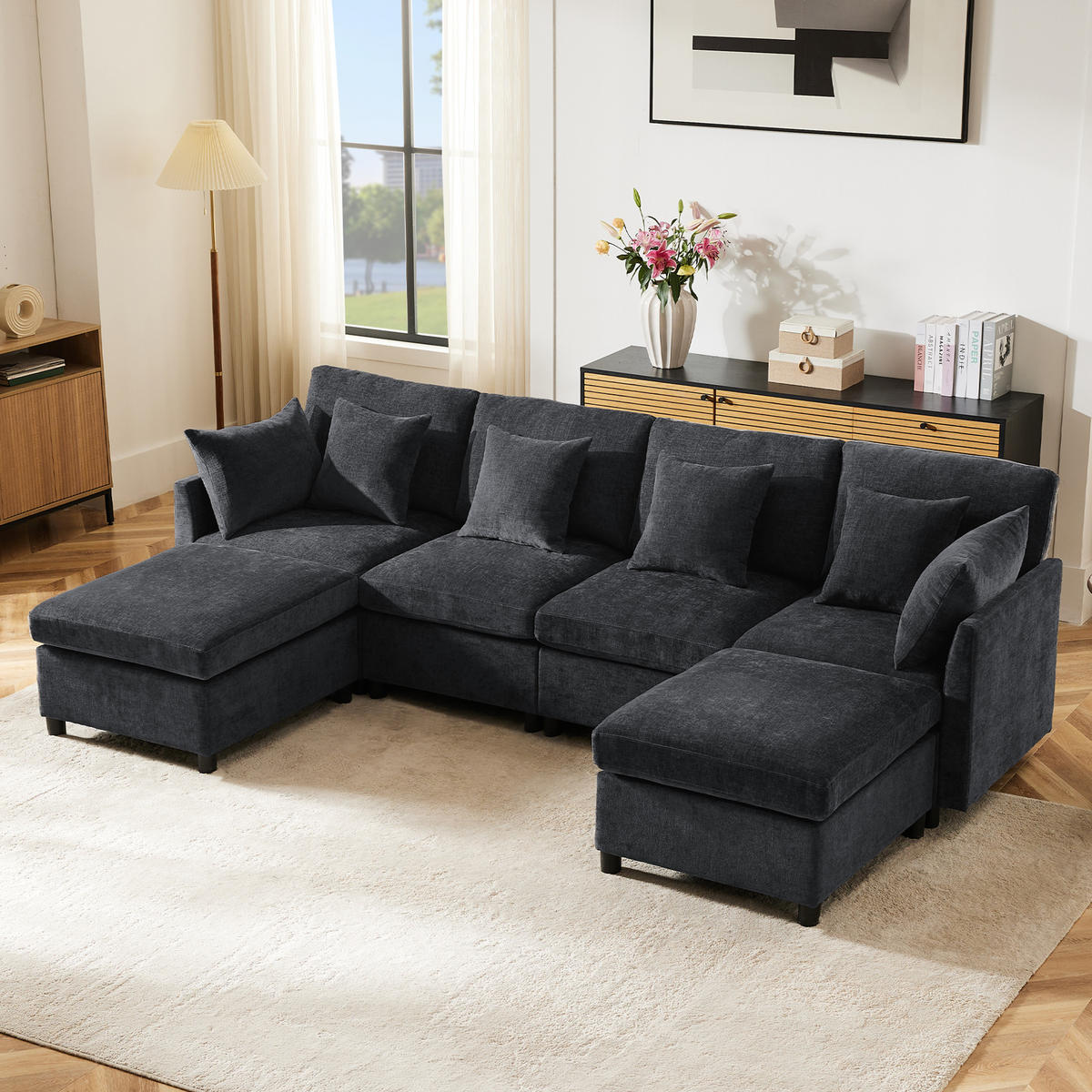 WOHNLANDSCHAFT Chenille Grau mit 2 Hocker und 6 Kissen - Grau, Holzwerkstoff/Kunststoff (278/81/161cm) - WISHDOR