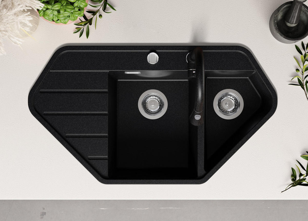 ECKSPÜLE Kopenhagen Corner, 2-er set Anthrazit 90/50 cm 1,5 Becken + Ablauf-Set ab 70er Unterschrank - Chromfarben/Anthrazit, Kunststoff (90/18/50cm) - Primagran