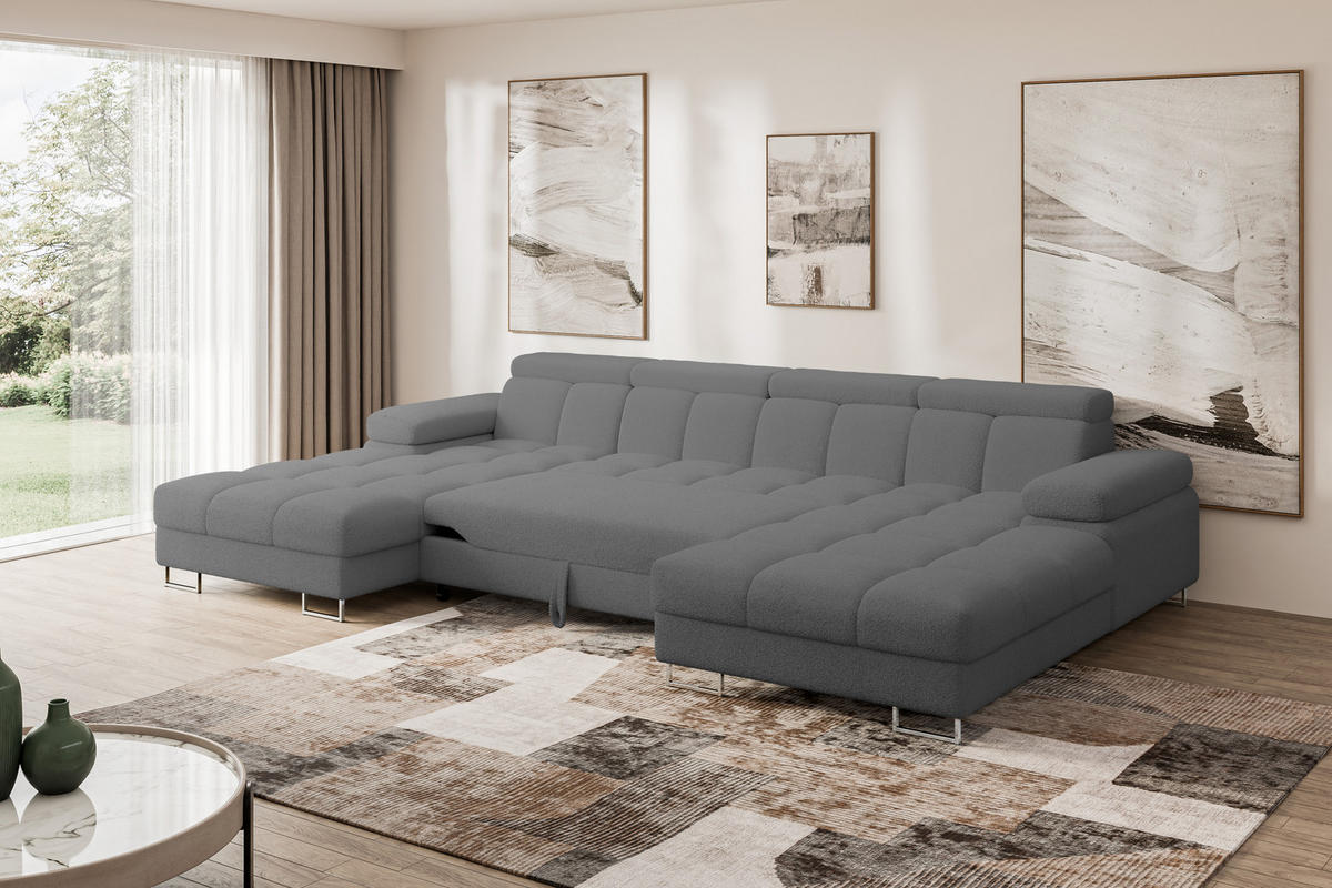 WOHNLANDSCHAFT mit Schlaffunktion und Bettkasten COMA U2 345x203x79 Grau Bouclé - Chromfarben, Holzwerkstoff/Textil (345/79/203cm) - ALTDECOR