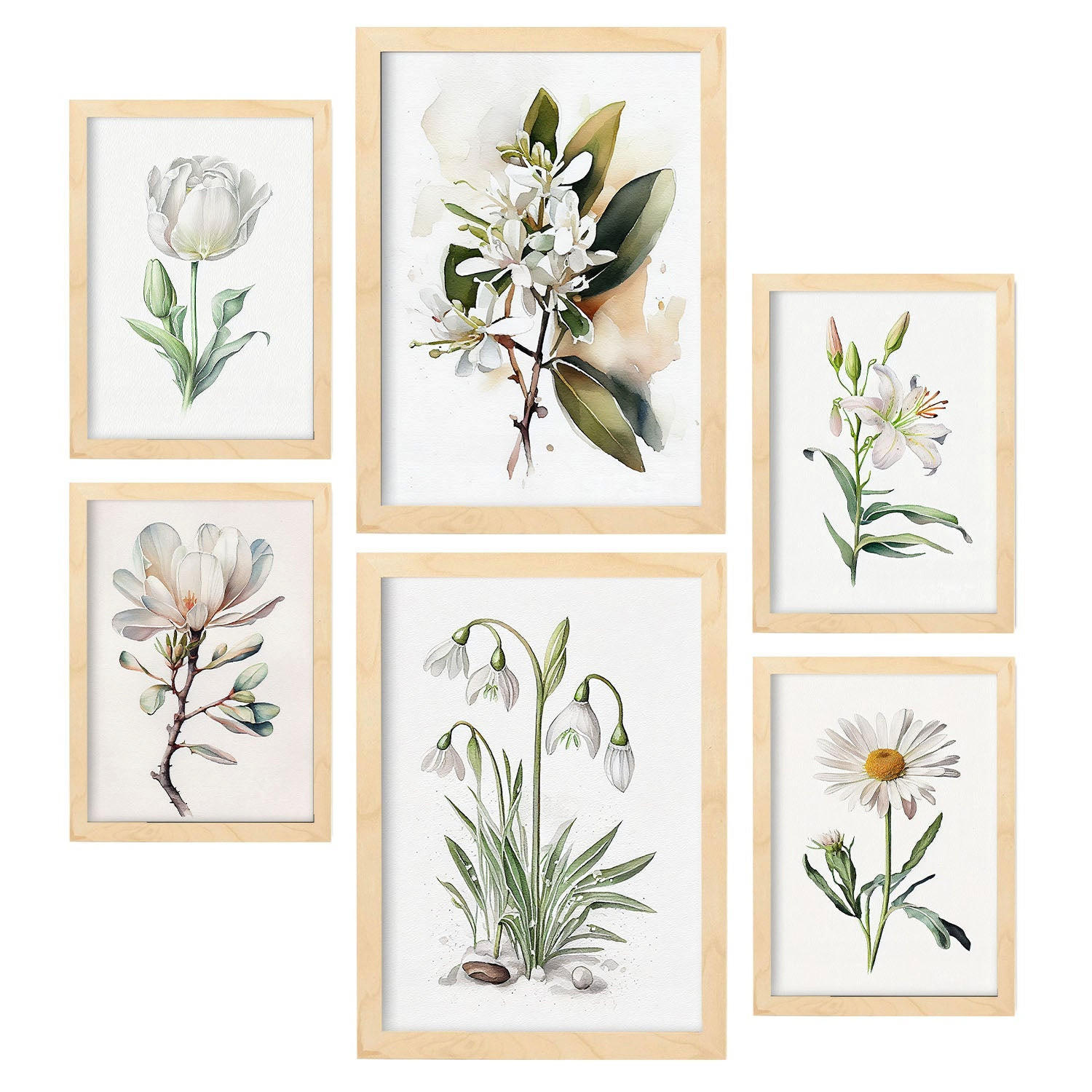 POSTER Set Mit 6 Weiße Blumen Vollfarbige Natur Und Botanikdrucke Mit Blumenmotiven Auf Reinweißen Hintergründen A3 & A4 Rahmen Aus Hellem Holz - Beige, Papier (29/3cm) - Nacnic