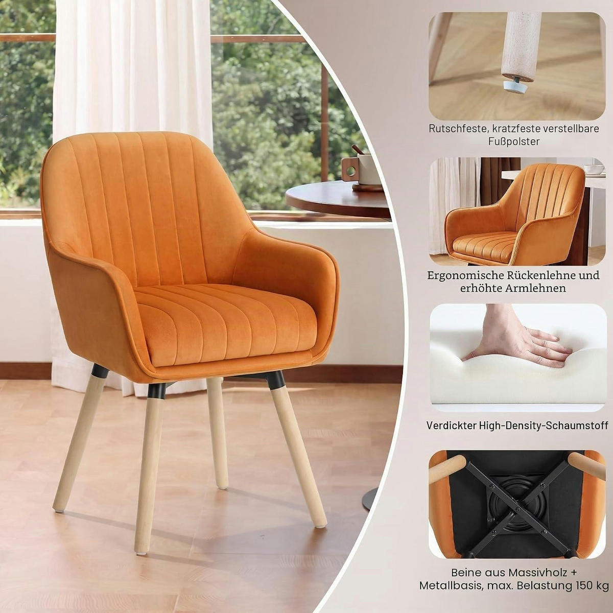 ESSZIMMERSTUHL 2er Set Samt Braun 360° drehbar - Orange, Textil (47.7/84.5/46.5cm)