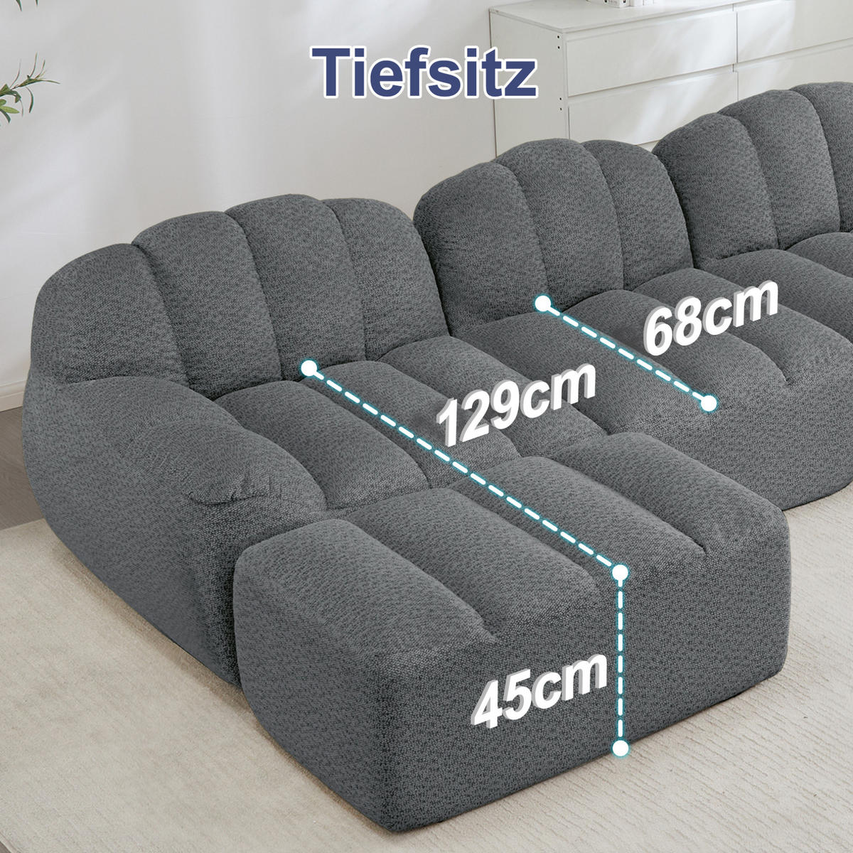 SOFA 210/165/79 cm in Grau aus granuliertem Fleece mit Ottoman - Grau, Textil (165/79/210cm) - Flora Grace