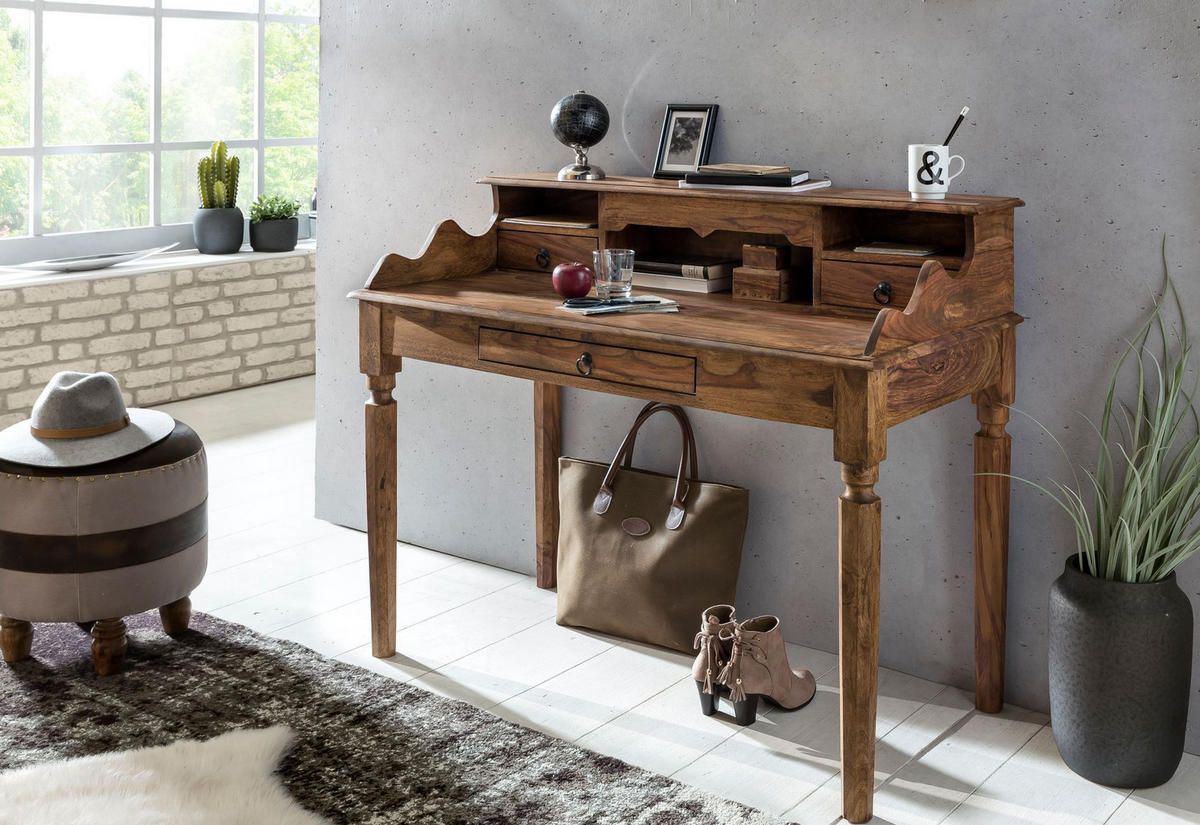 SCHREIBTISCH – Massivholz, 115 cm, Landhausstil, 3 Schubladen, Vintage-Optik - Braun, Holz (60/115/100cm) - KADIMA DESIGN