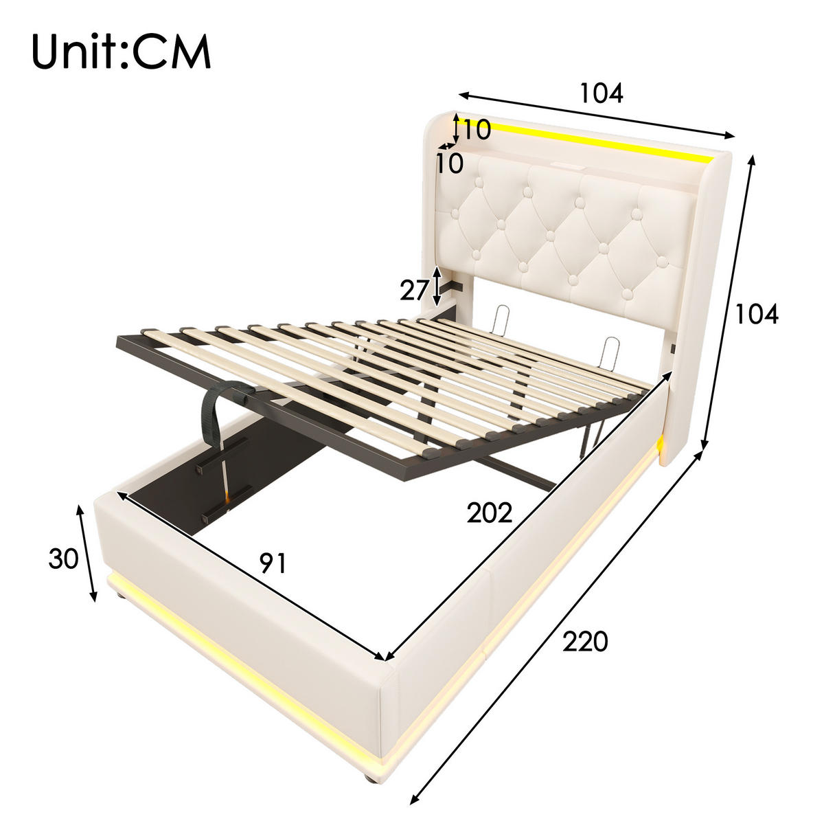 POLSTERBETT aus PU 90x200 cm Weiß mit LED-Beleuchtung, USB-C, Stauraum und Lattenrost - Weiß, Leder (90/200cm) - IVMEU