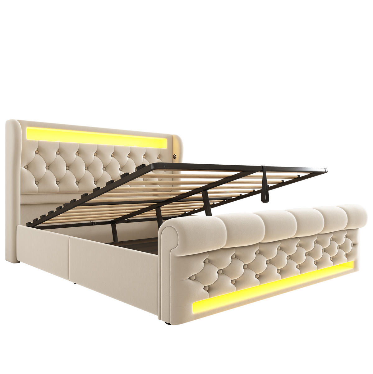 POLSTERBETT 140/200 cm in Beige mit LED-Beleuchtung, Stauraum und Matratze - Beige, Textil (140/200cm) - Flora Grace