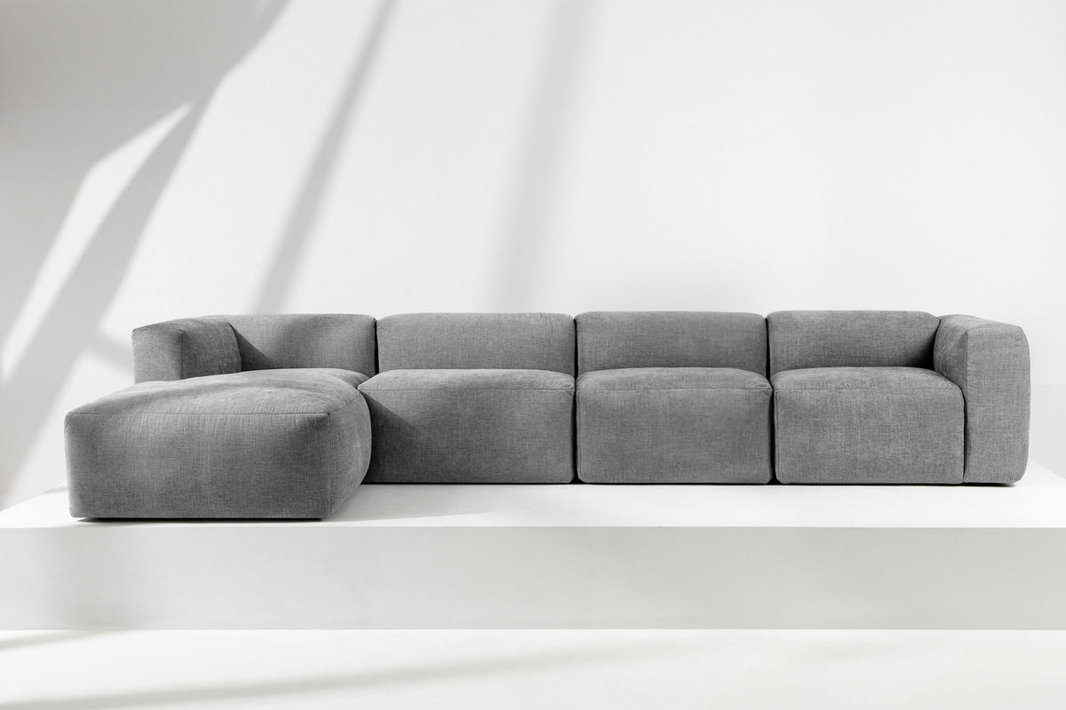 ECKMODULSOFA-LINKS BUFFO 6-Sitzer mit extrem weicher Sitzfläche, Gewebestoff, hell aschfahl - Hellgrau, Textil (377/180cm) - KONSIMO®