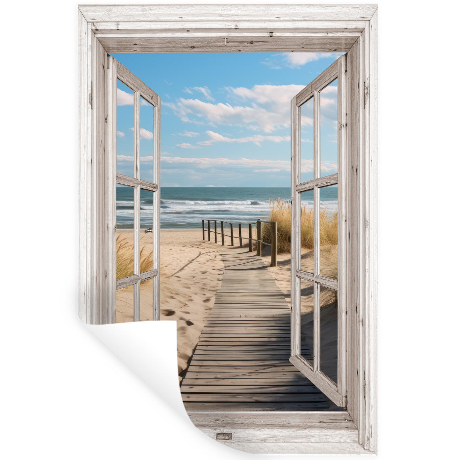 WANDTATTOO Fenster - Meer - Küste - Natur - Ausblick - Strand - Wattenmeer 80x120 cm - Beige, Kunststoff (80/120/0.1cm) - MuchoWow