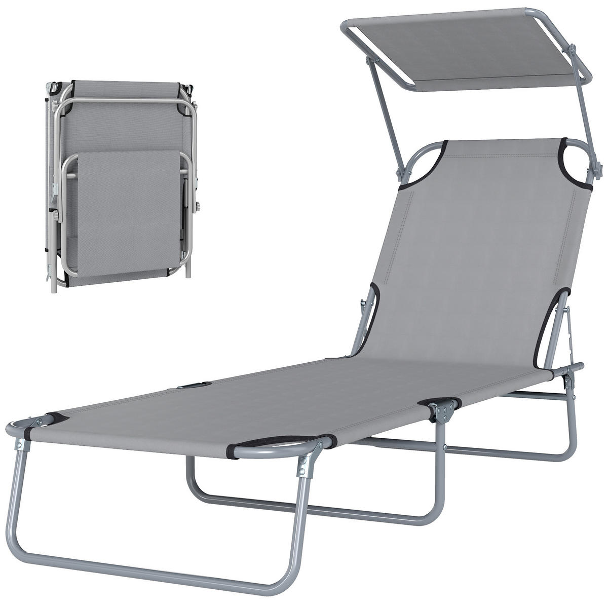 SONNENLIEGE, Gartenliege, Wellnessliege, Strandliege, klappbar, mit Sonnenschutz, 187 x 58 x 36 cm, Grau - Hellgrau, Metall (187/36/58cm)