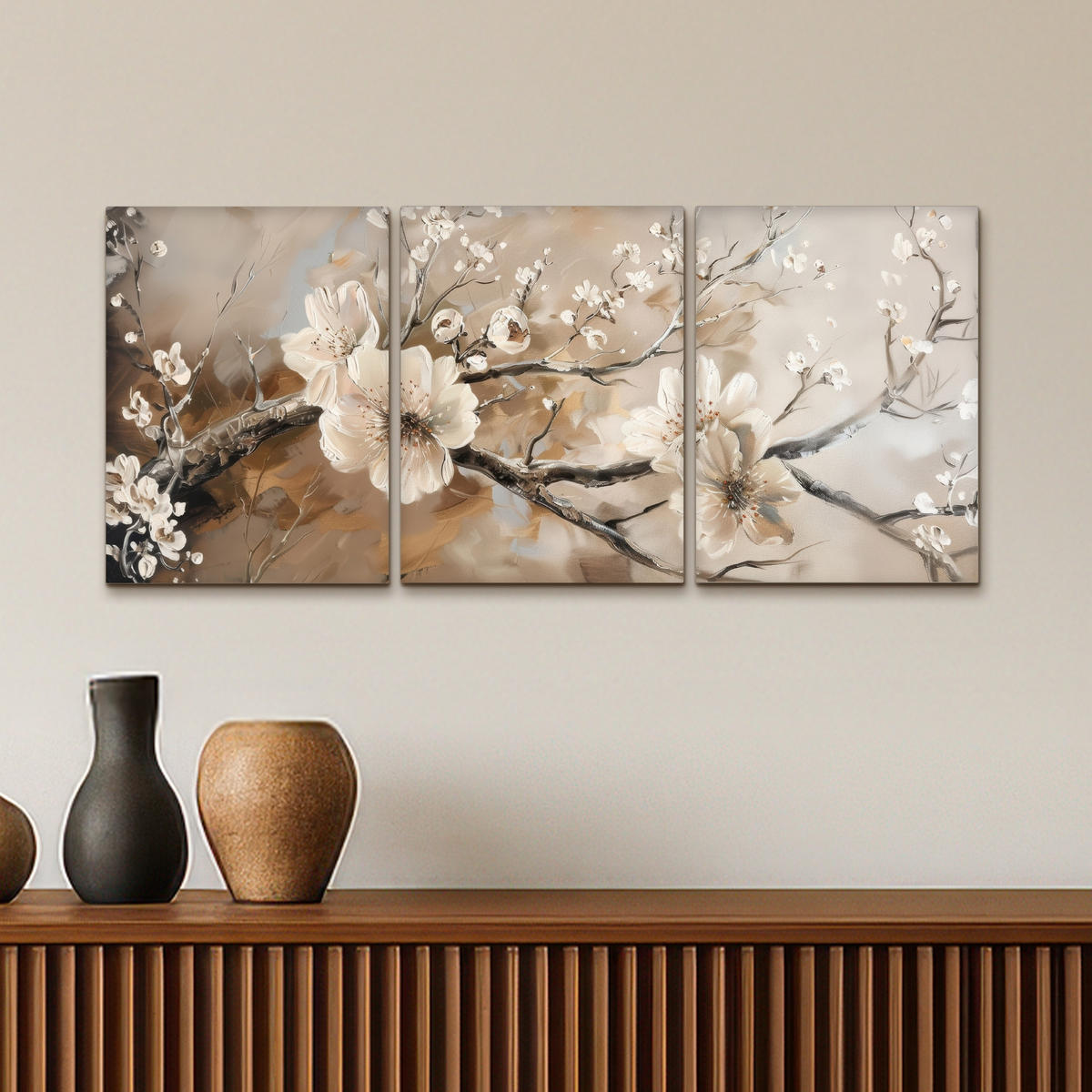 LEINWANDBILD 3er Set Blüte - Beige - Abstrakt - Blumen 90x40 cm - Hellbraun, Textil (90/40cm) - MuchoWow