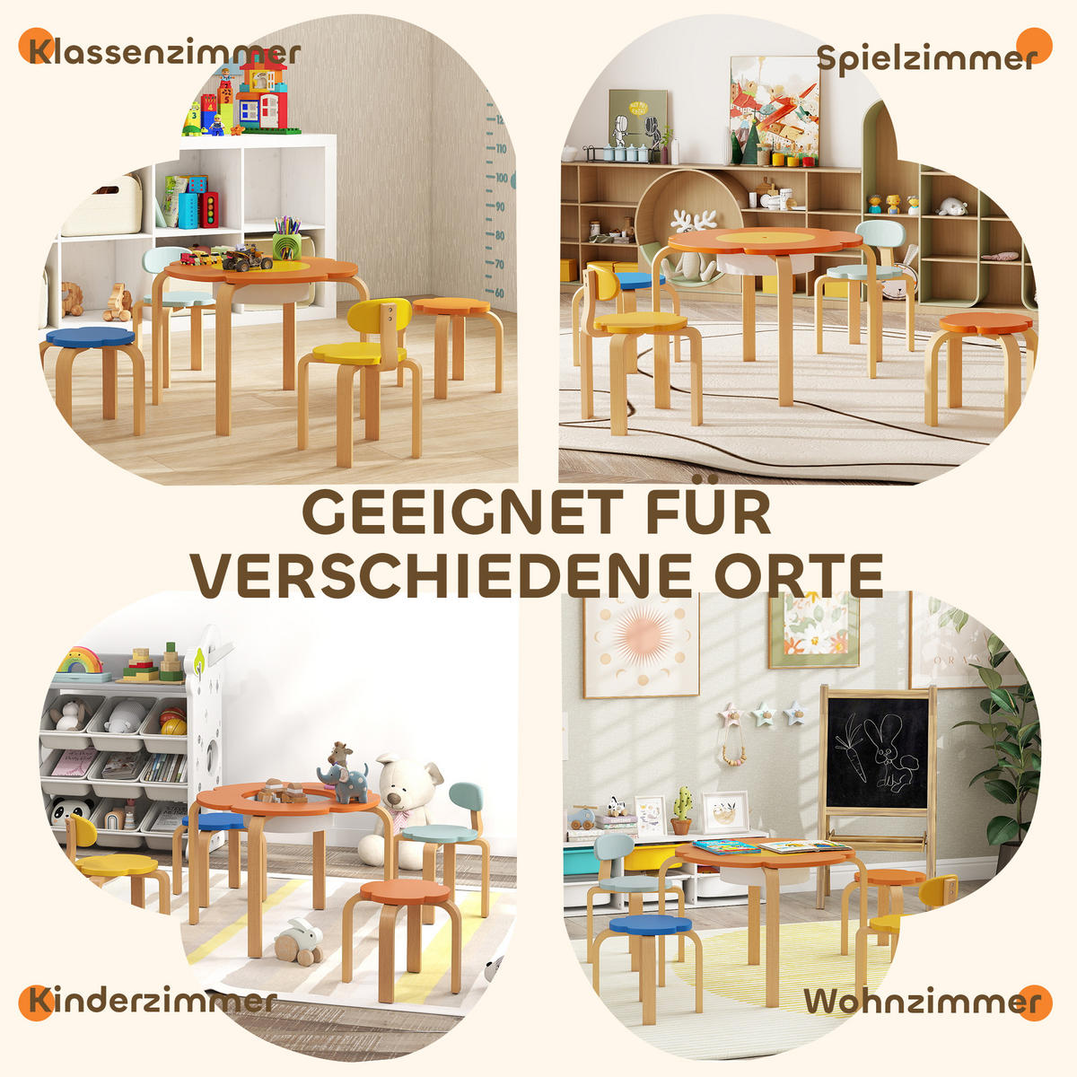 KINDERTISCH Holz mit 4 Stühlen, integriertem Stauraum, für 3-8 Jahre Kinder Bunt - Multicolor, Holz (69/45/69cm) - AIYAPLAY