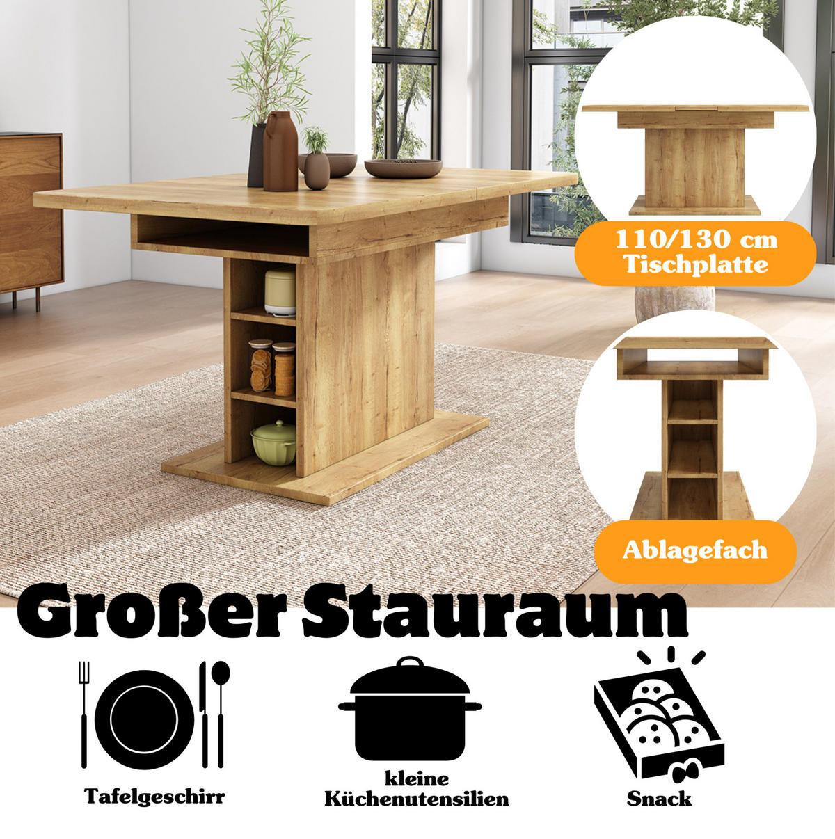 ESSTISCH 130/70/75 cm natur aus Spanplatte mit ausziehbarer Tischplatte und Stauraum - Naturfarben, Holzwerkstoff (130/70/75cm) - OKWISH