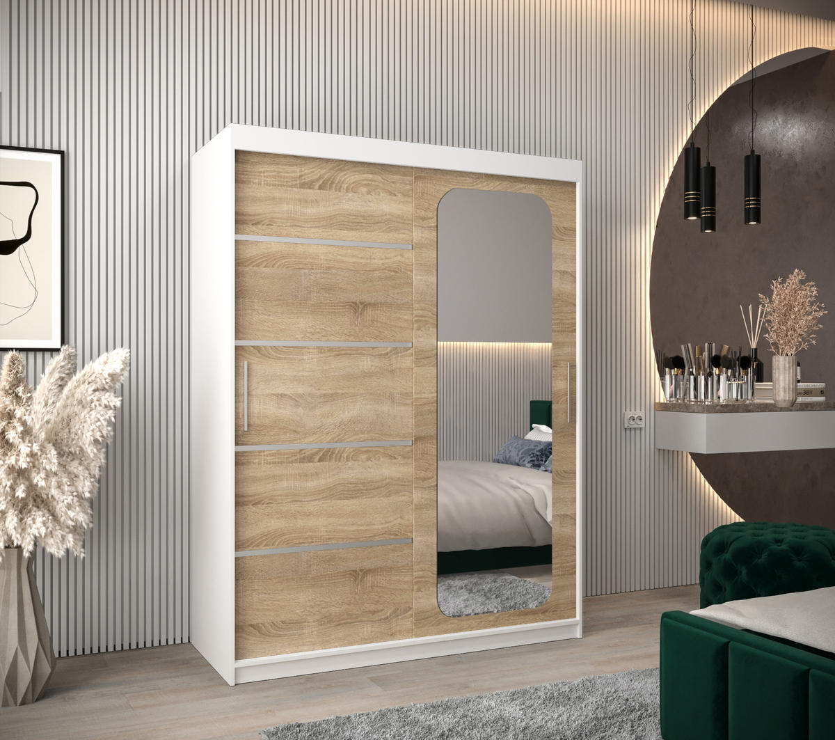 SCHWEBETÜRENSCHRANK 200/150/62 2-türig - Silberfarben/Weiß, Holz/Kunststoff (150/200/62cm) - Abiks Möbel