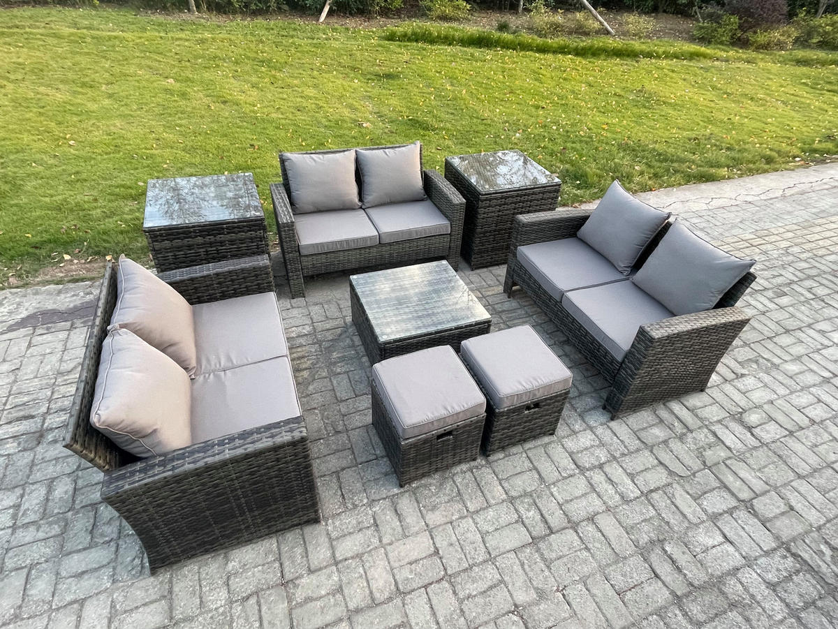GARTENSOFA Hohe Rückenlehne Polyrattan Dunkelgrau 8-Sitzer - Dunkelgrau, Metall - Fimous