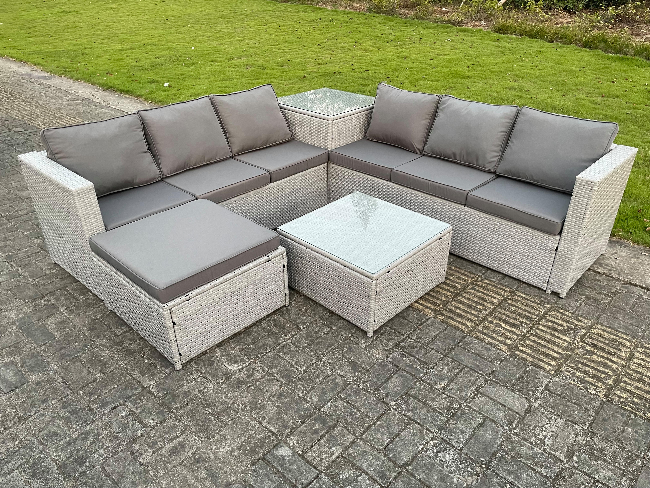 GARTENMÖBEL SET mit Couchtisch Polyrattan Helles Grau 7-Sitzer - Hellgrau, Metall - Fimous