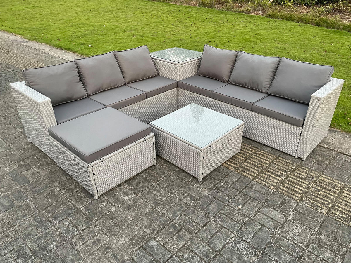 GARTENMÖBEL SET mit Couchtisch Polyrattan Helles Grau 7-Sitzer - Hellgrau, Metall - Fimous