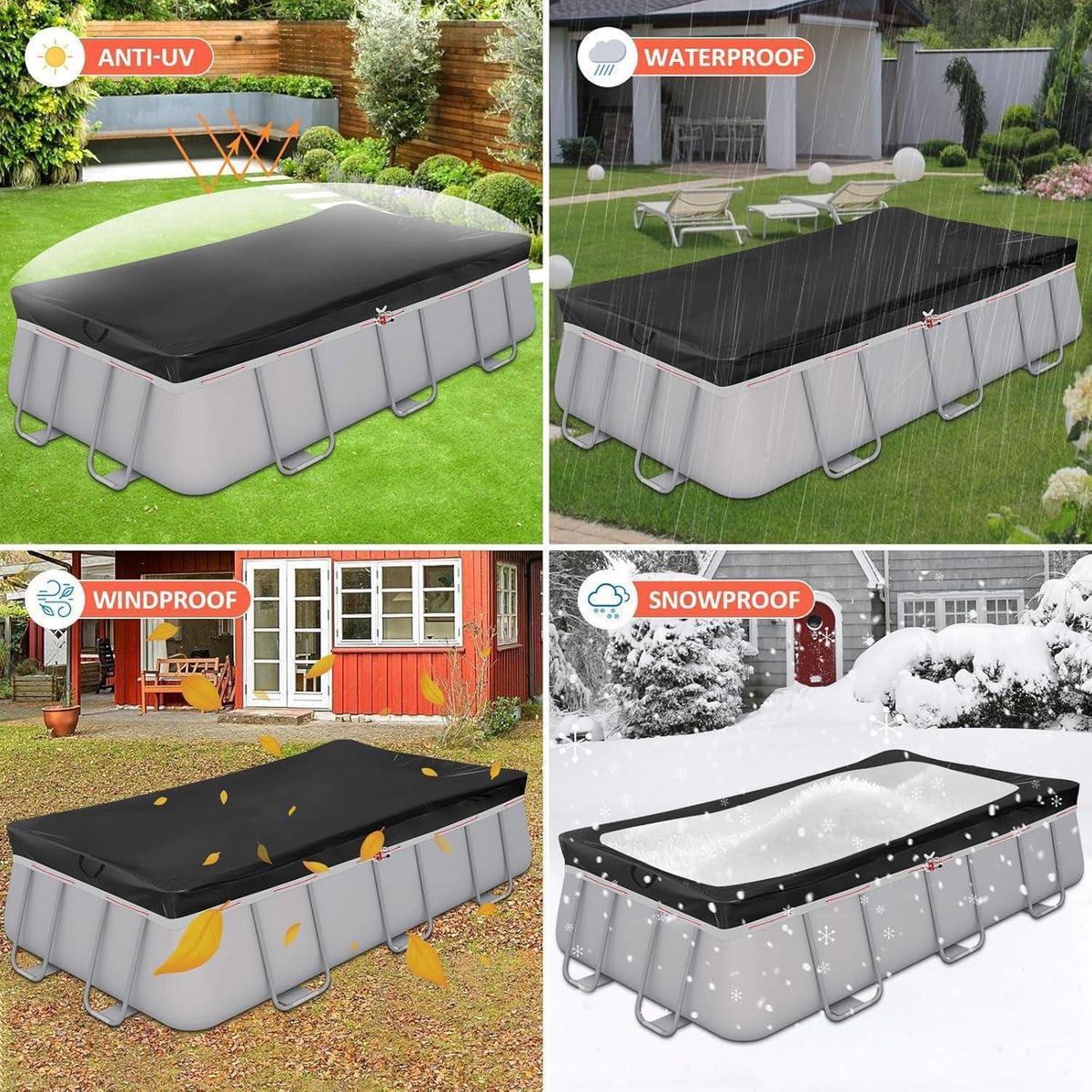 POOLABDECKUNG Rechteckig 305 x 205 cm 420D Oxford Reißfest Sommer & Winter - Schwarz, Textil (205/305cm)