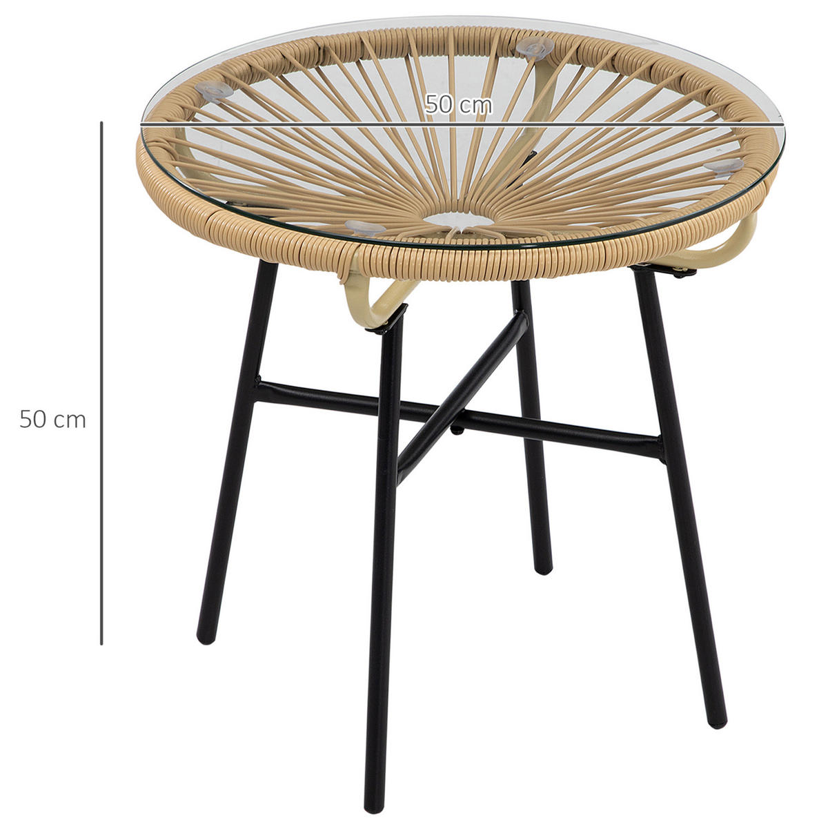 BEISTELLTISCH 50/50/50 cm mit gehärteter Glasplatte und PE-Rattan-Geflecht im Boho-Stil, Beige - Beige, Glas (50/50/50cm) - Redom