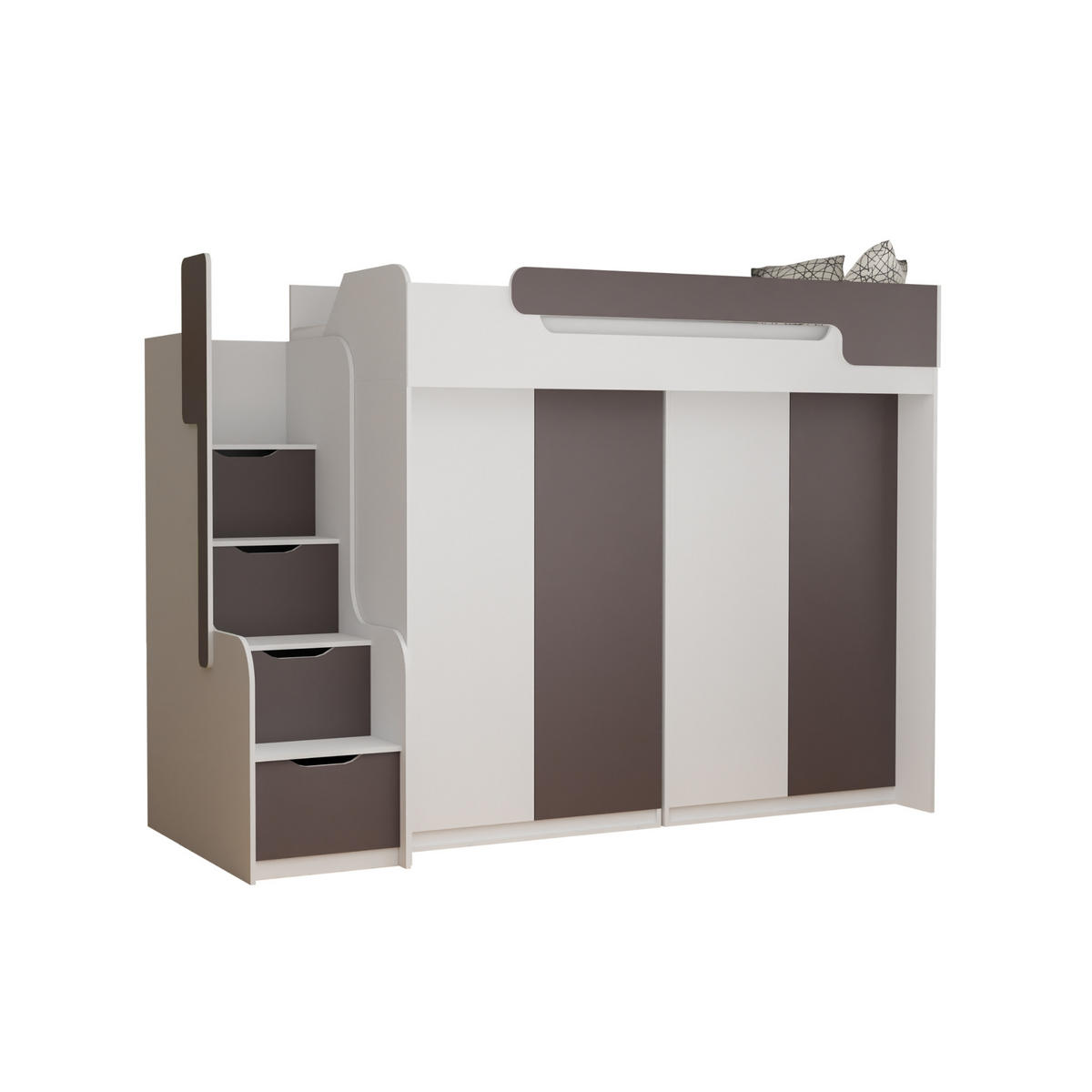 ETAGENBETT ARTHUR 90/200 in Weiß/Grau mit Kleiderschrank - Weiß/Grau, Holzwerkstoff (90/200cm) - Deine Möbel 24