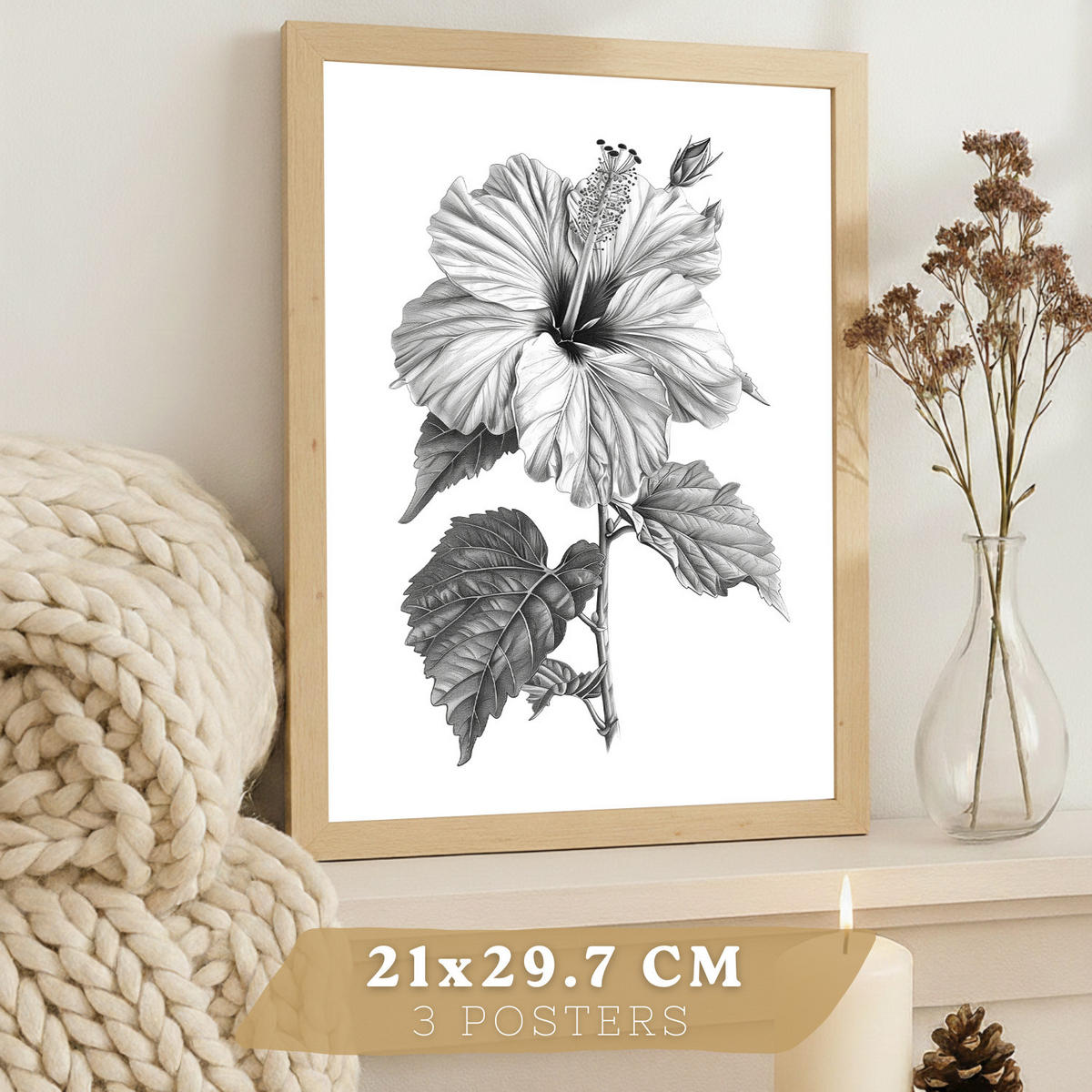 PLAKAT Sada 3 obrázků květin. Dekorativní nástěnné tisky Květiny tužkou. botanický plakát na zeď.Rám z lehkého dřeva velikosti A4 - béžová, papír (29.7/42/3cm)
