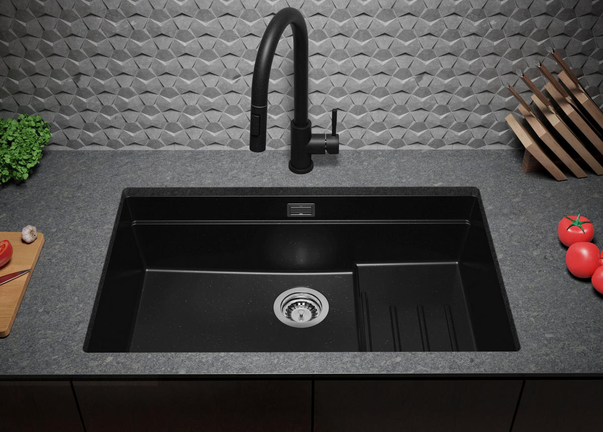 UNTERBAUSPÜLE GRANIT Praga, 2-er set Schwarz Metallic 76/47 cm 1 Becken + Ablauf-Set + Aufrollbare Abtropffläche ab 80er Unterschrank - Chromfarben/Schwarz Hochglanz, Kunststoff (76/20/47cm) - Primagran