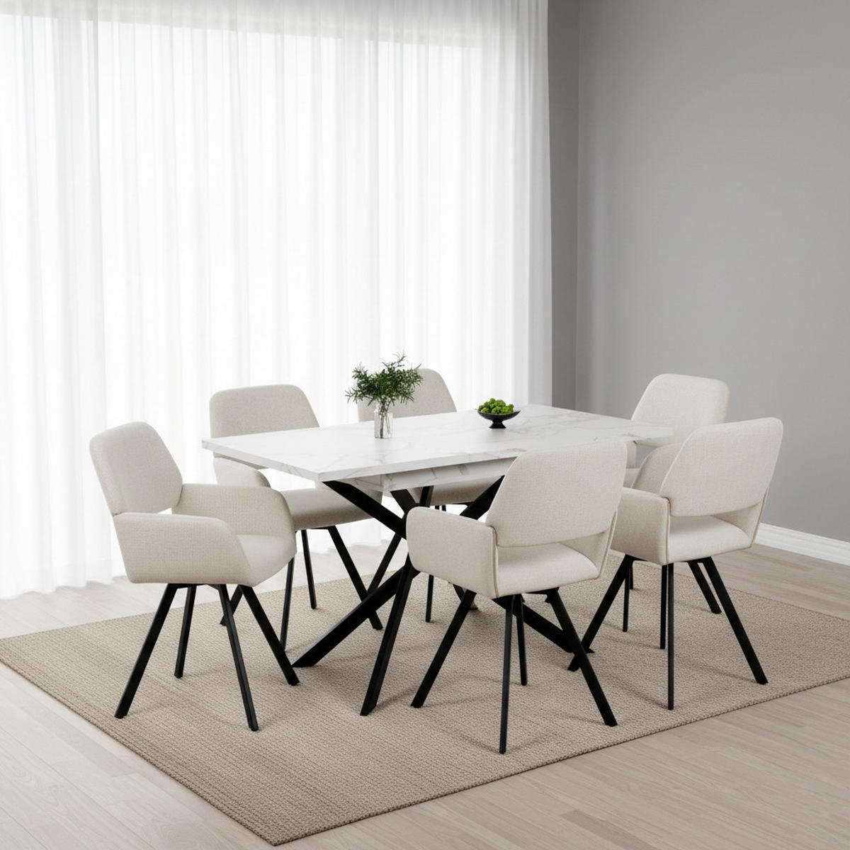 TISCHGRUPPE 7-teilig Ausziehtisch Marmoroptik Weiß & 6x 360° Drehstühle Beige - Schwarz/Weiß, Holzwerkstoff/Textil (160/77/80cm) - Urban Meuble
