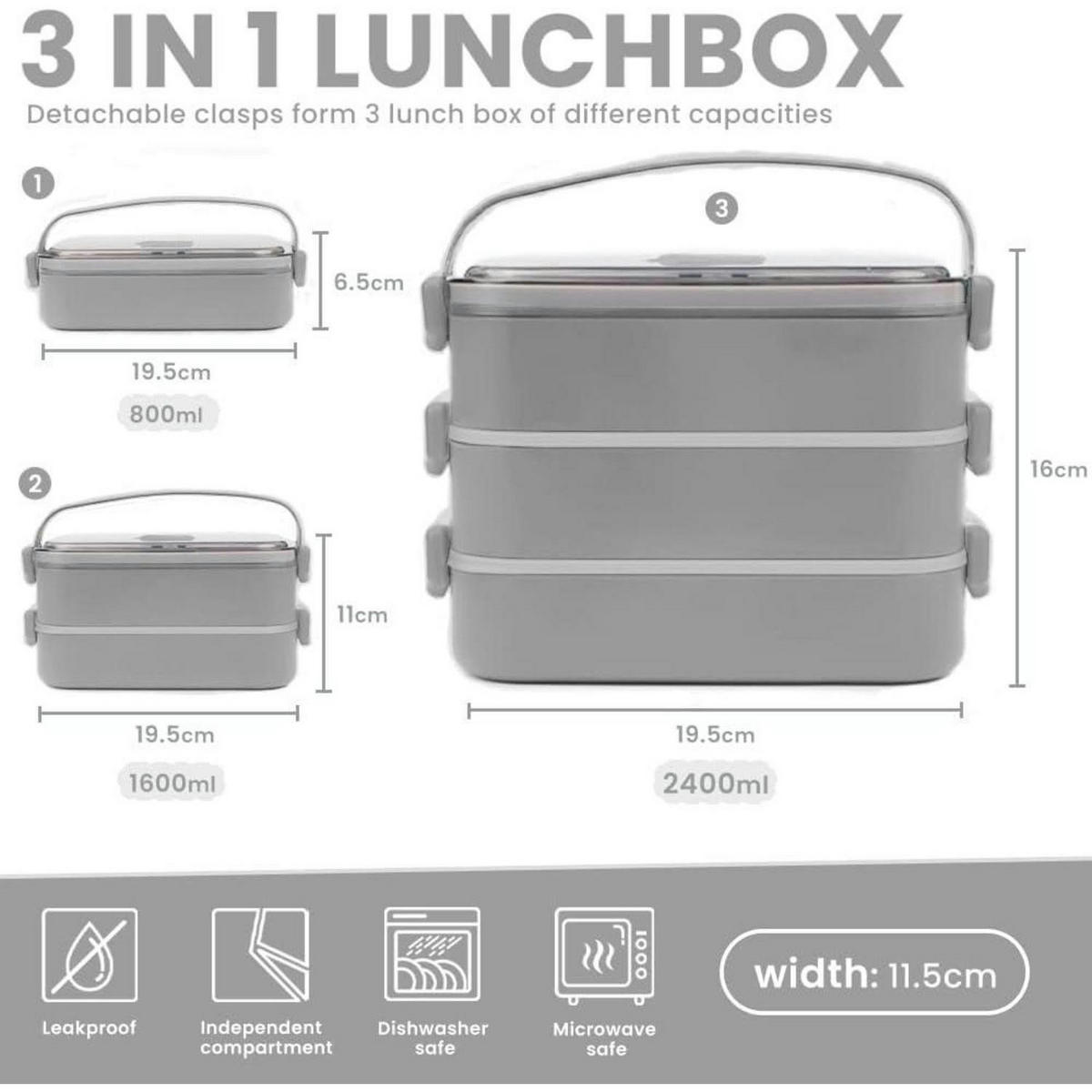 BENTO Box 2400 ml Grau Auslaufsicher mit Besteck - Grau, Kunststoff (19.5/16/19.5cm)