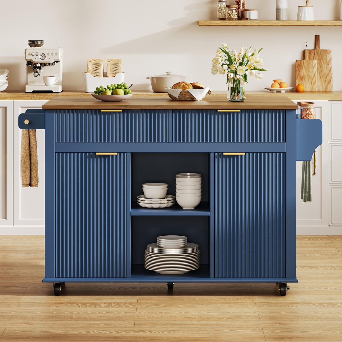 KÜCHENINSEL DE-41395 143/45-69/89,5 cm, klappbare Arbeitsplatte, 2 Schubladen Blau - Blau, Holzwerkstoff (143/89.5/45cm) - ComfortXL