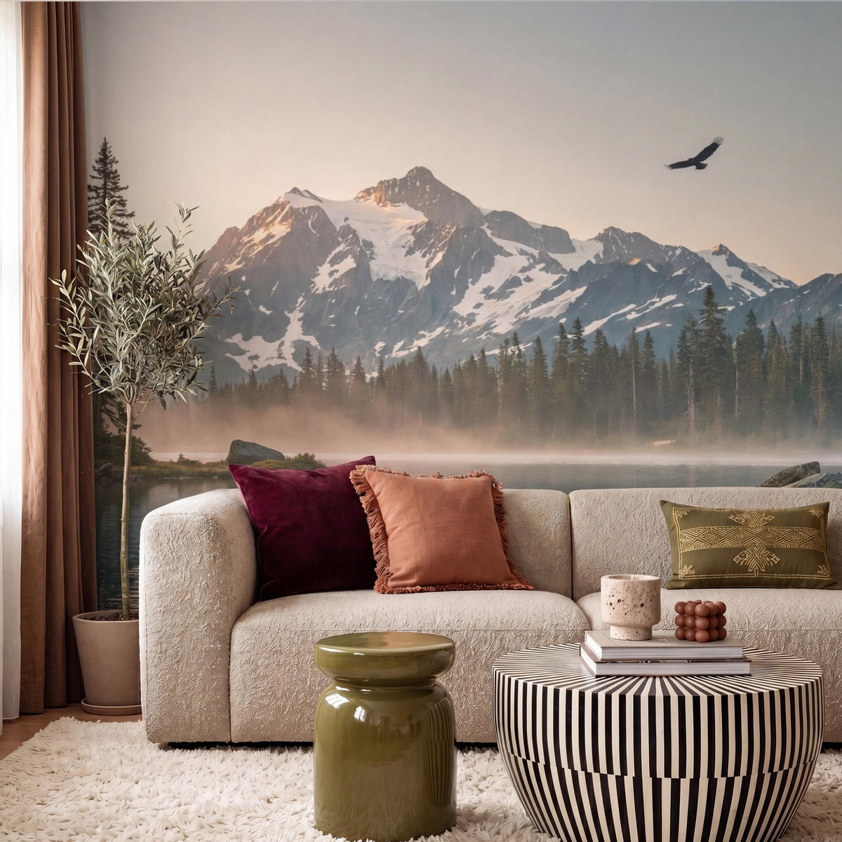 TAPETE - Berge - Wasser - Bäume - 260x220 cm - Multicolor, Papier (260/220cm) - OnlyWow