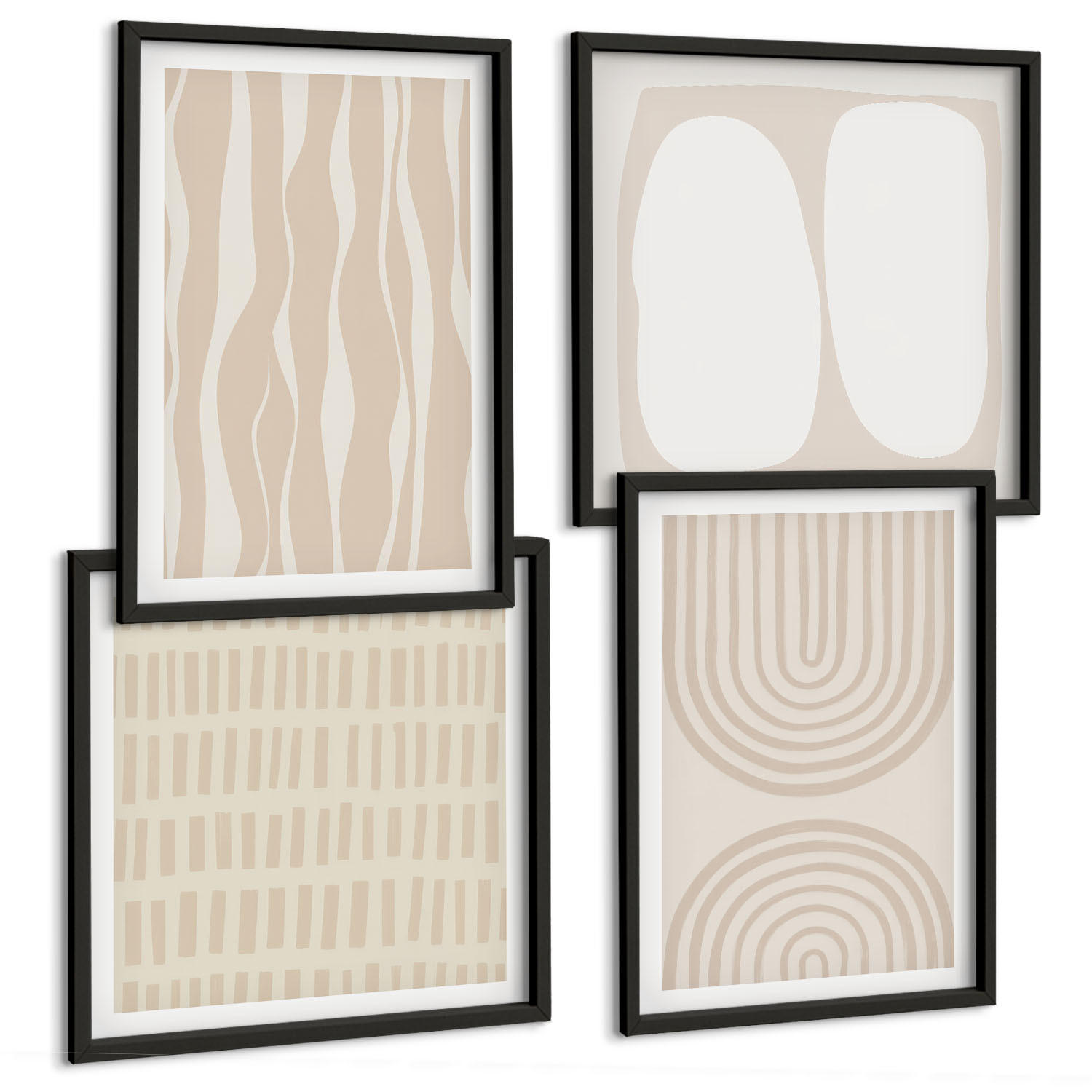 BILDER SET 4er Set - 50x50 cm & 40x60 cm Schwarzer Rahmen - Abstrakte Boho-Musterformen - Schwarz, Kunststoff (50/50cm) - TULUP