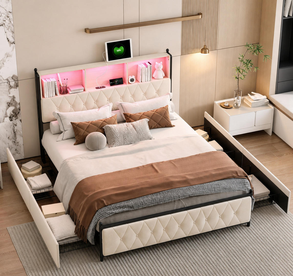 POLSTERBETT 140/200 cm LED Schubladen Ladestation Samt Doppelbett - Beige, Holz (140/200cm) - PARAFTA HOME