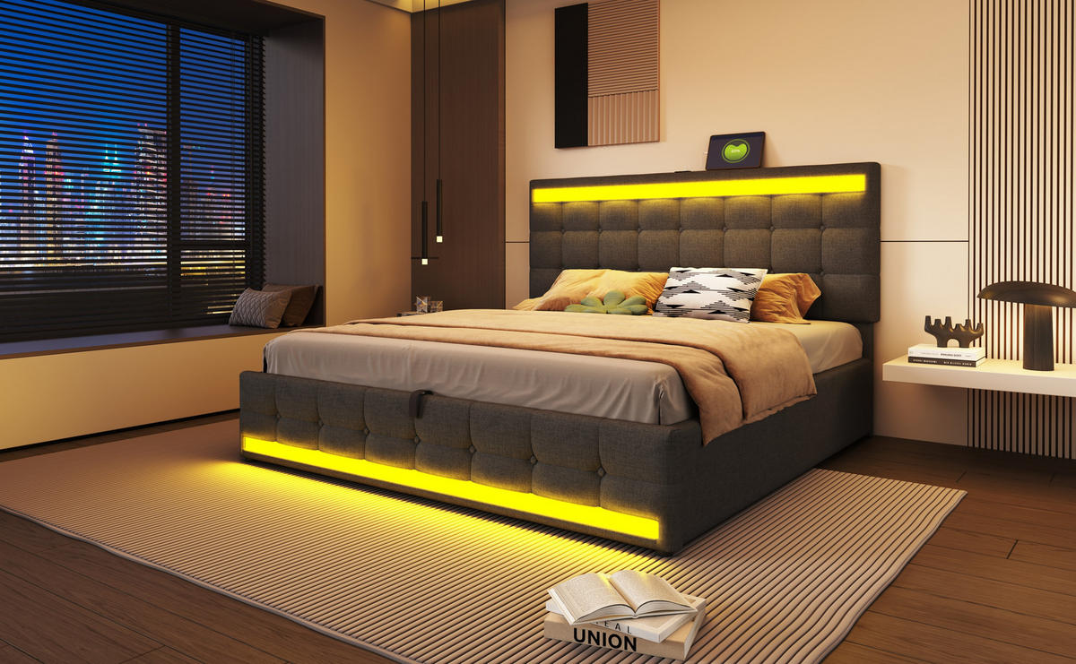 POLSTERBETT 180x200 cm mit LED, 4 Schubladen, Lattenrost, Grau - Grau, Holz (180/200cm)