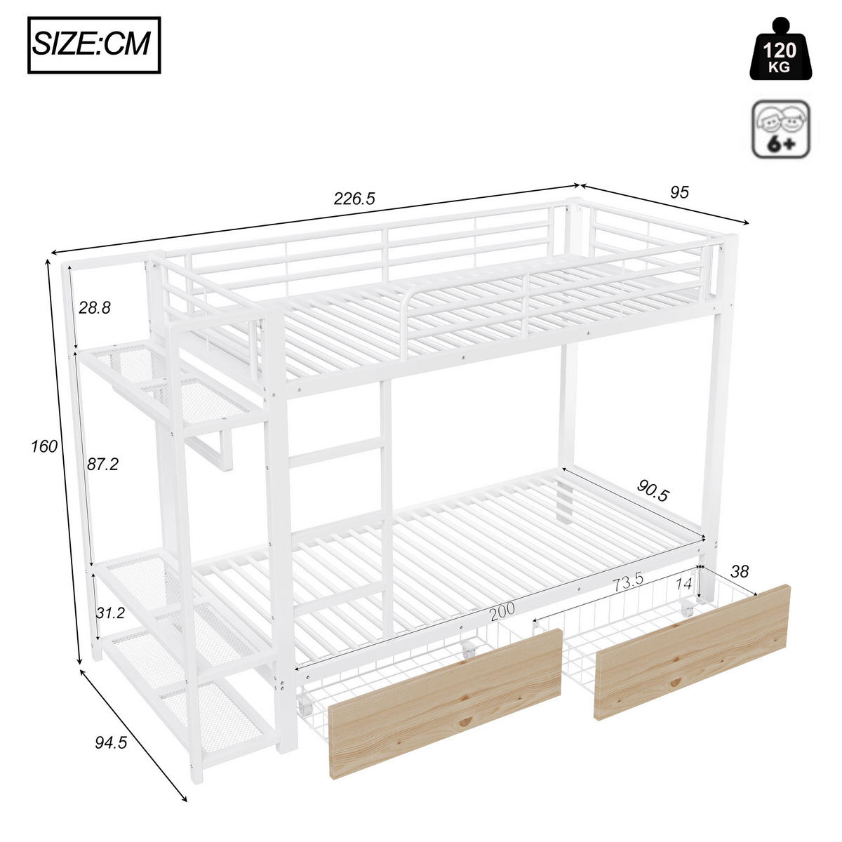 ETAGENBETT 90/200 cm Weiß mit LED, Schubladen und Wäscheständer ohne Matratze - Weiß, Metall (90/200cm) - MIVRAY