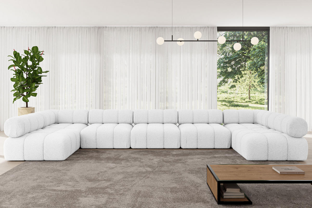 WOHNLANDSCHAFT modulares Sofa Garvo-U3 - 475x190x70 cm Weiß Bouclé - Weiß, Holzwerkstoff/Textil (475/70/190cm) - ALTDECOR