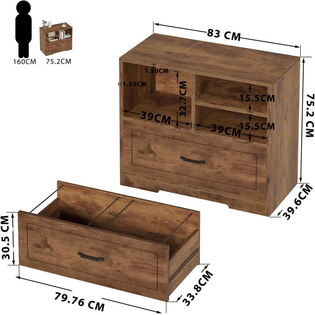 STAURAUMSCHRANK mit Schublade & Offenen Fächern INDUSTRIAL 83.8 x 40.0 x 72.5 cm - Wildeiche, Holzwerkstoff/Metall (83.8/72.5/40cm) - Quality Elegance