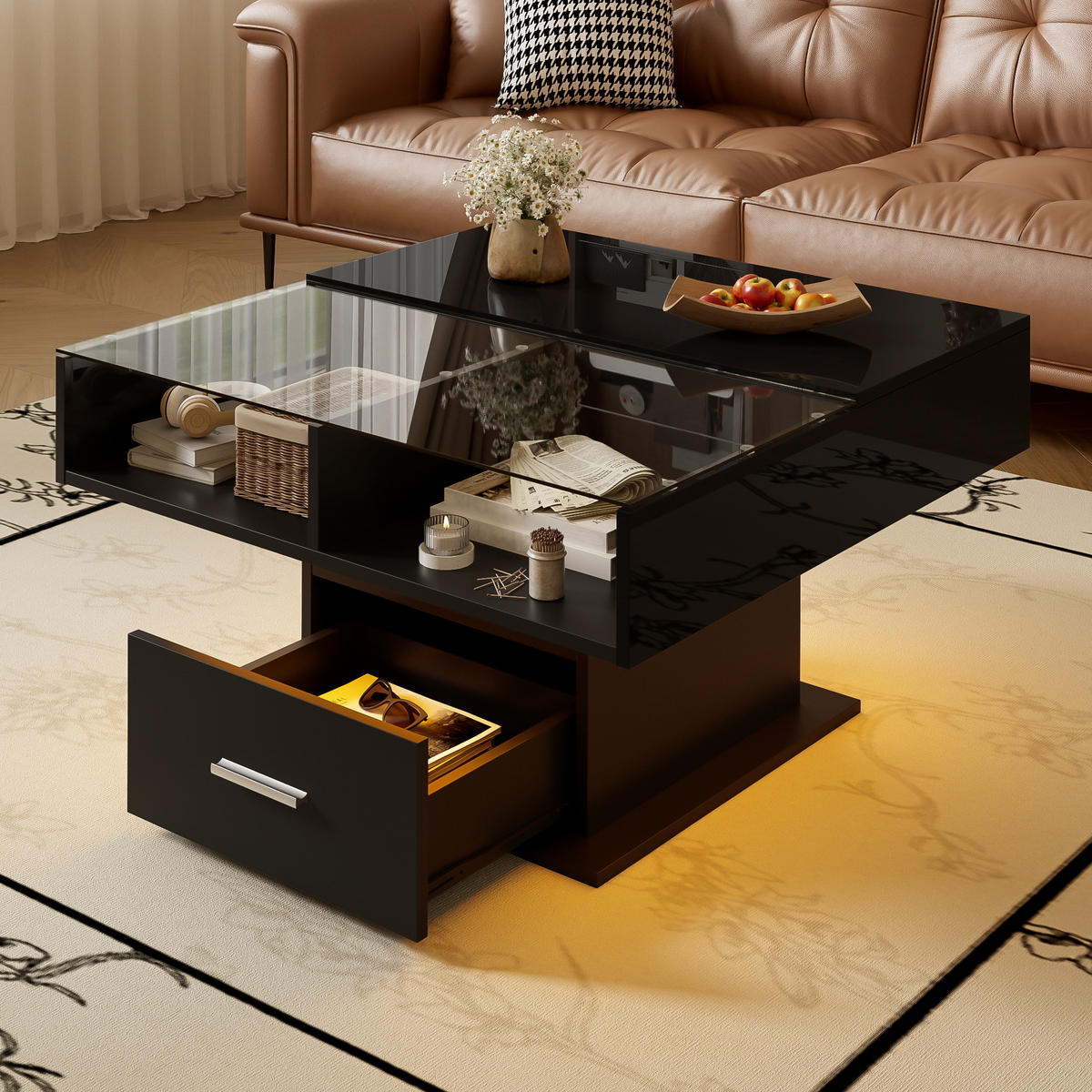 COUCHTISCH Liftfunktion LED höhenverstellbar - Schwarz, Holzwerkstoff (78/78/45cm) - LEBENLANG