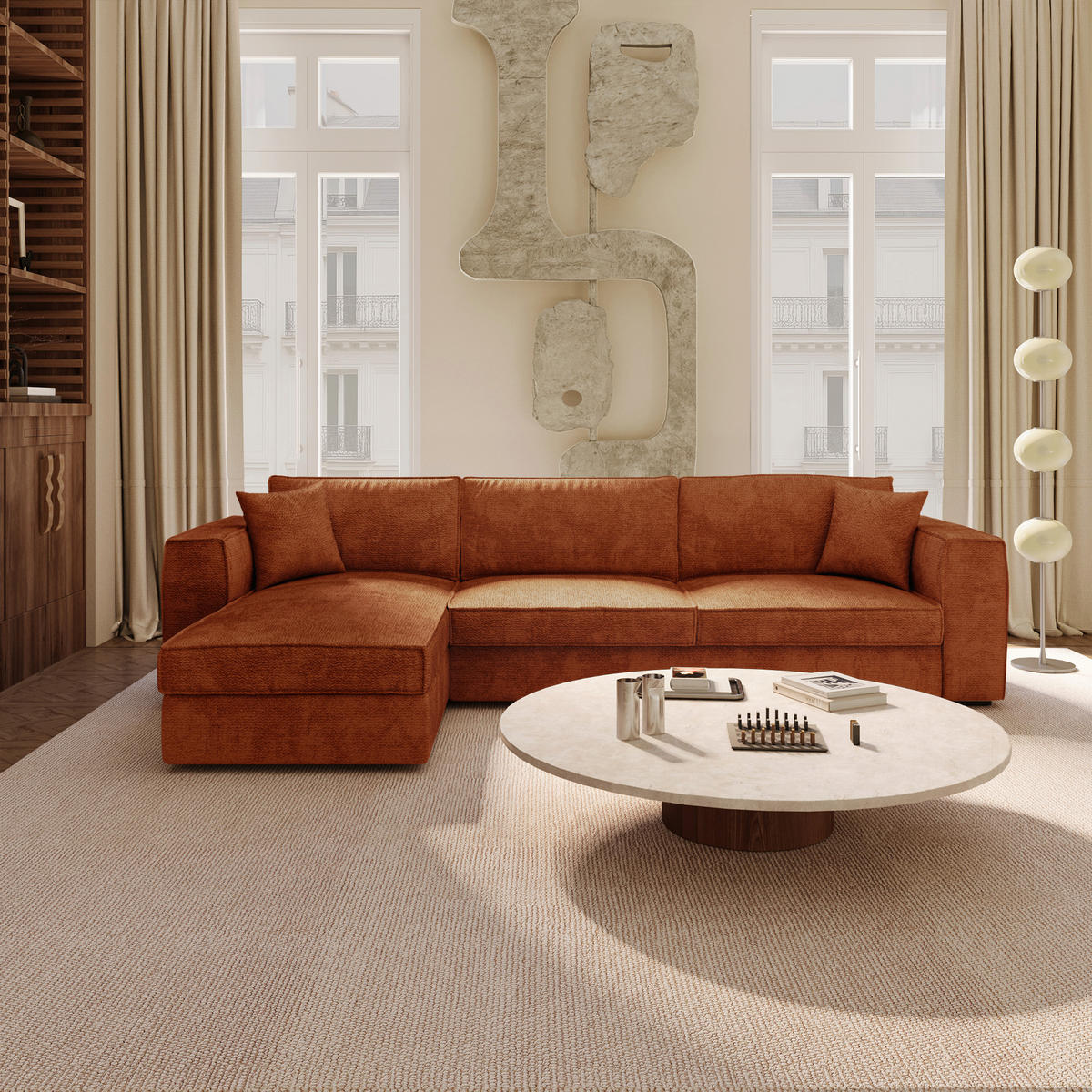 LINKSECK-SCHLAFSOFA MIKA Kettgewebe mit weichem Griff Terrakotta 292cm - Dunkelorange/Terracotta, Textil (292/100cm) - Premium Interiors