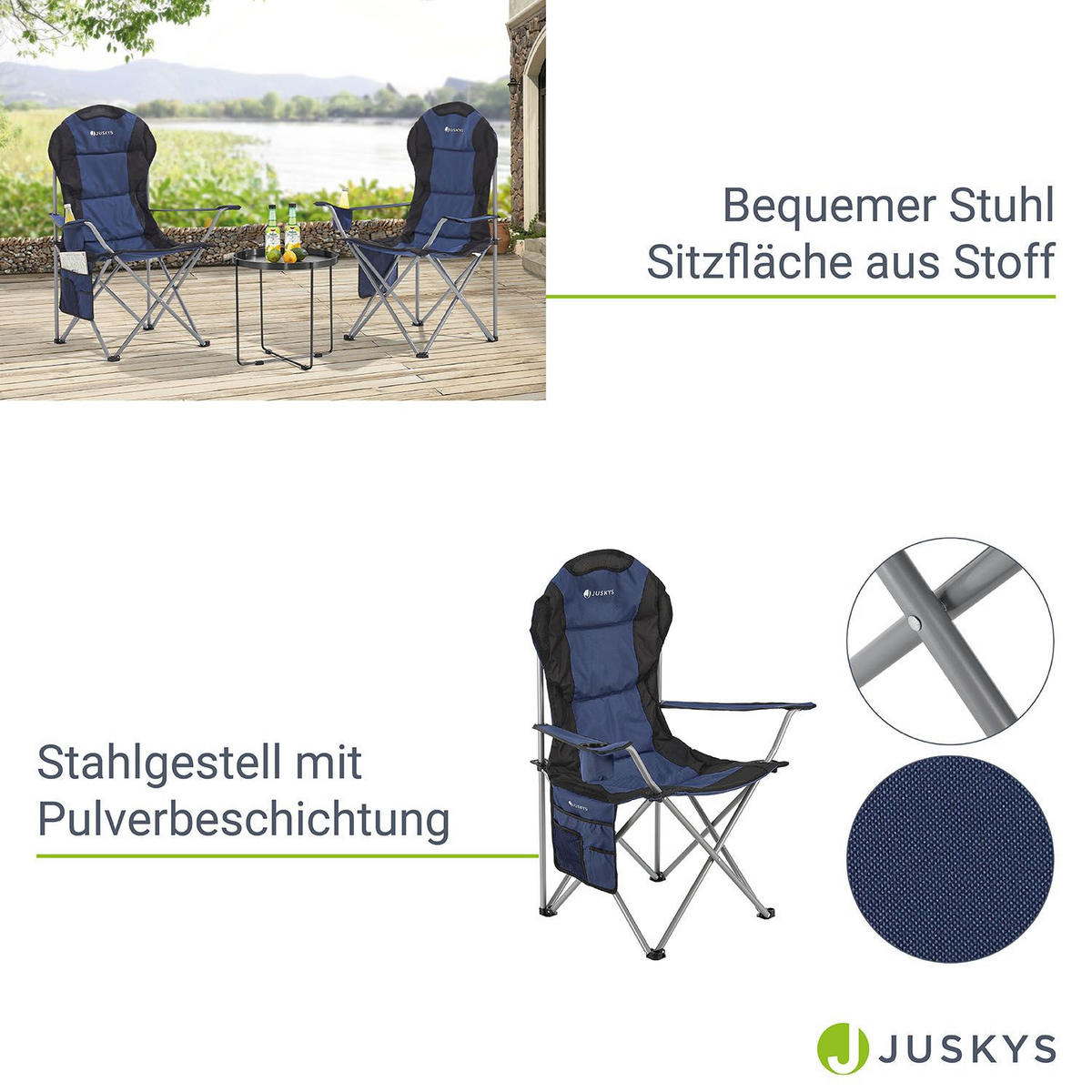 CAMPINGSTUHL Lido dunkelblau mit Flaschenhalterung & Tragetasche - Blau, Textil (62/102/62cm) - Juskys