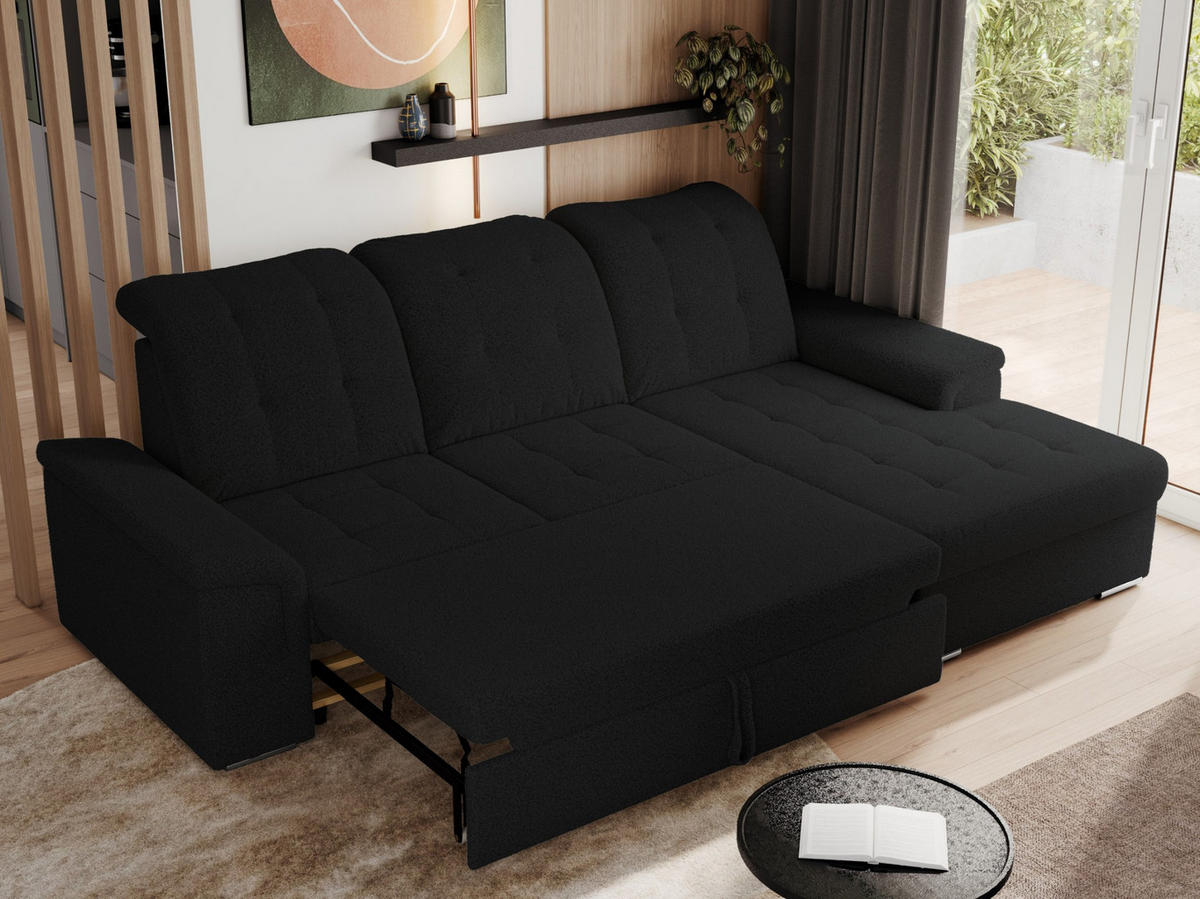 ECKSOFA MADRITO L - Schwarz Boucle - Rechts - Silberfarben/Schwarz, Textil/Metall (256/160cm)