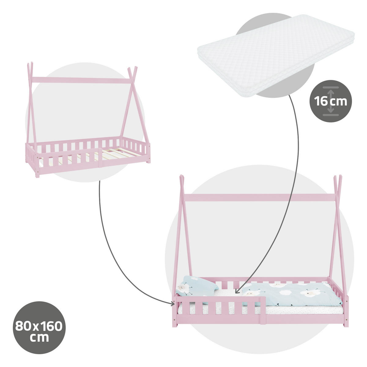 KINDERBETT Tipi mit Matratze 80x160 cm Rosa - Pink, Holz (80/160cm) - ML-DESIGN