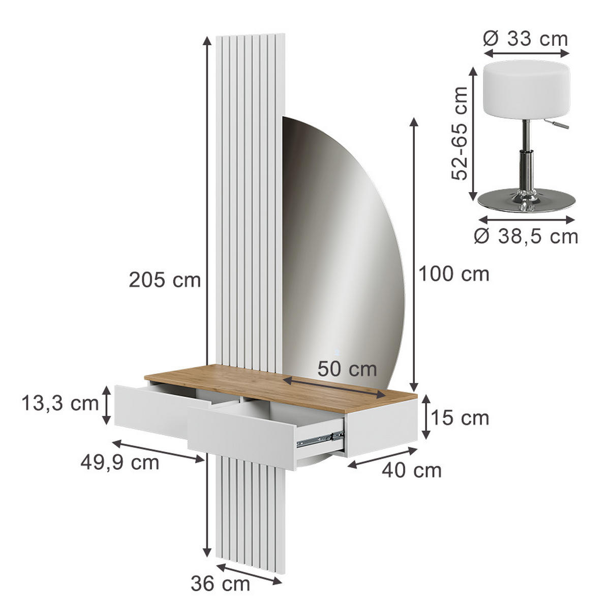 TOALETNÍ STOLEK Melina Bílá/dub - bílá, kompozitní dřevo (100/205/40cm) - Vicco