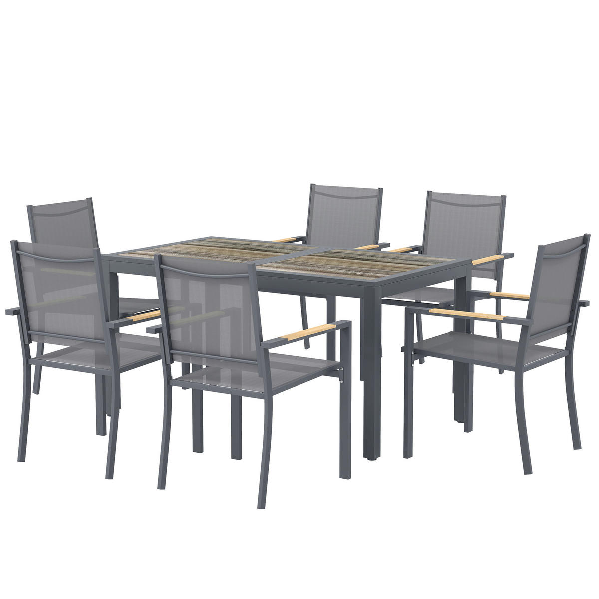 GARTENTISCHGRUPPE DE-18125 140 cm Holzoptik-Tisch, 6 Textilene-Stühle Grau - Dunkelgrau, Metall - ComfortXL