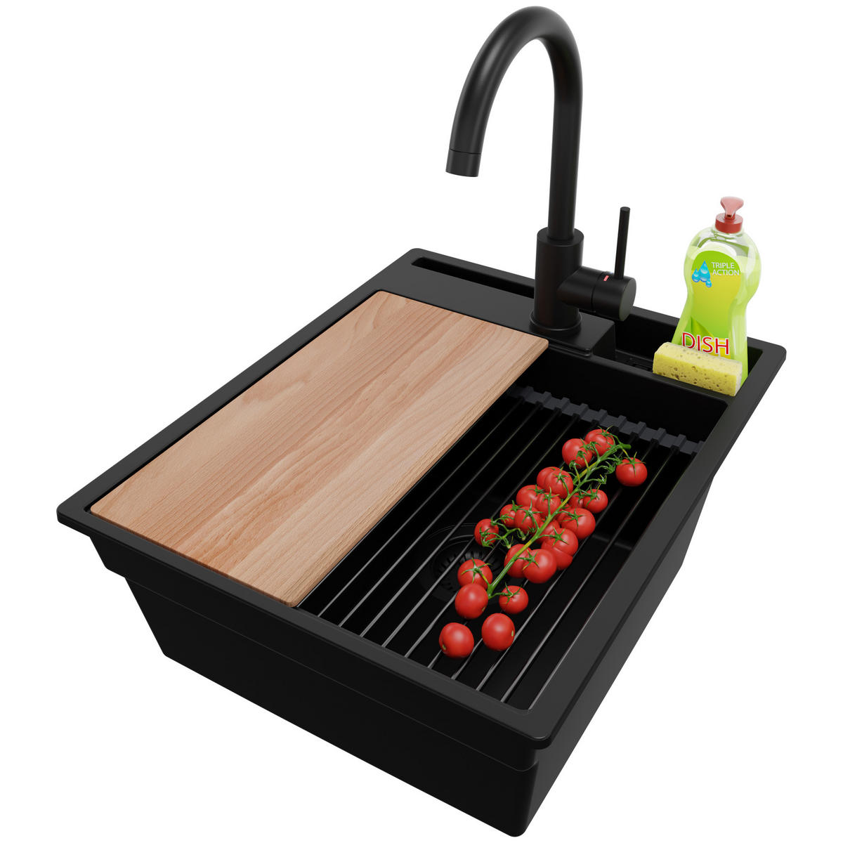 GRANITSPÜLE Oslo Pocket, 2-er set Alles Schwarz 43/53 cm 1 Becken + Küchenarmatur 32/20 cm + Ablauf-Set + Küchenzubehörset ab 45er Unterschrank - Beige/Schwarz, Kunststoff (43/20/53cm) - Primagran